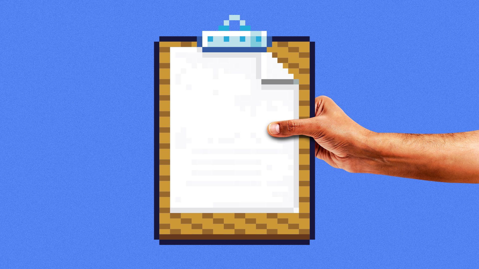 Illustration of a hand holding an 8-bit pixel clipboard.