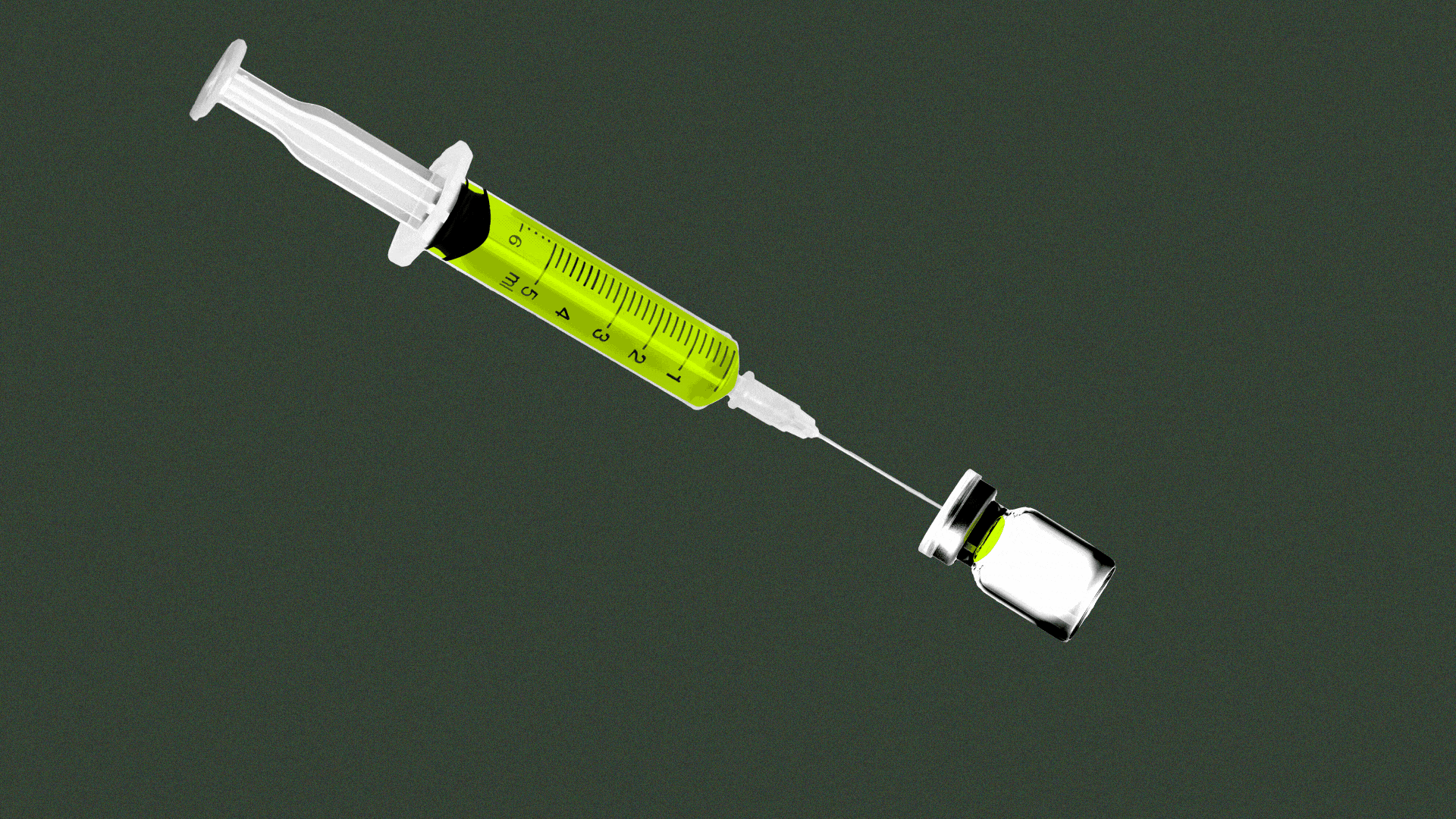 Illustration of a syringe drawing vaccine out of a vial.