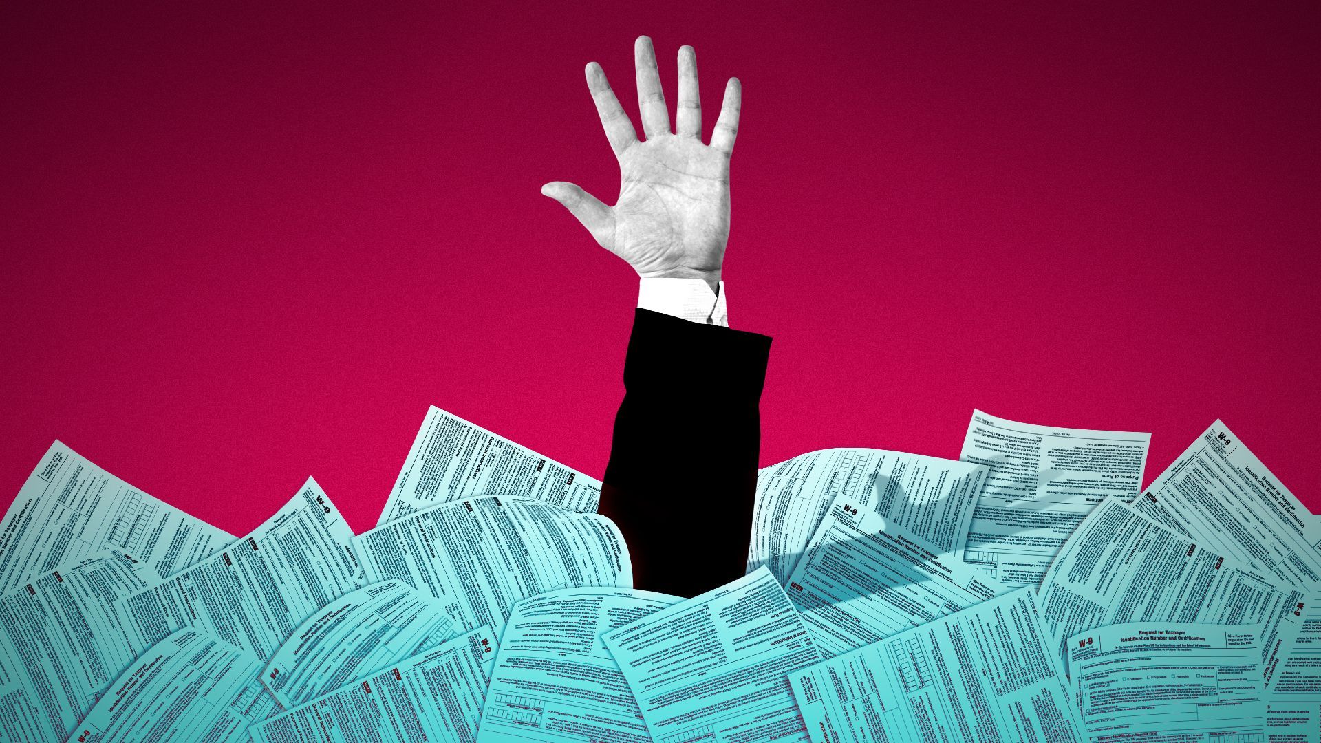 Illustration of a hand reaching out of a pile of paper tax forms.