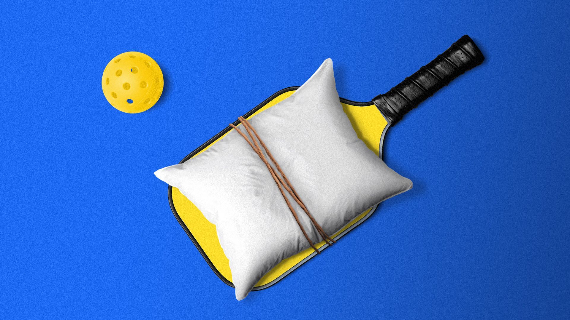Illustration of a ball and a pickleball paddle with a pillow tied to it.