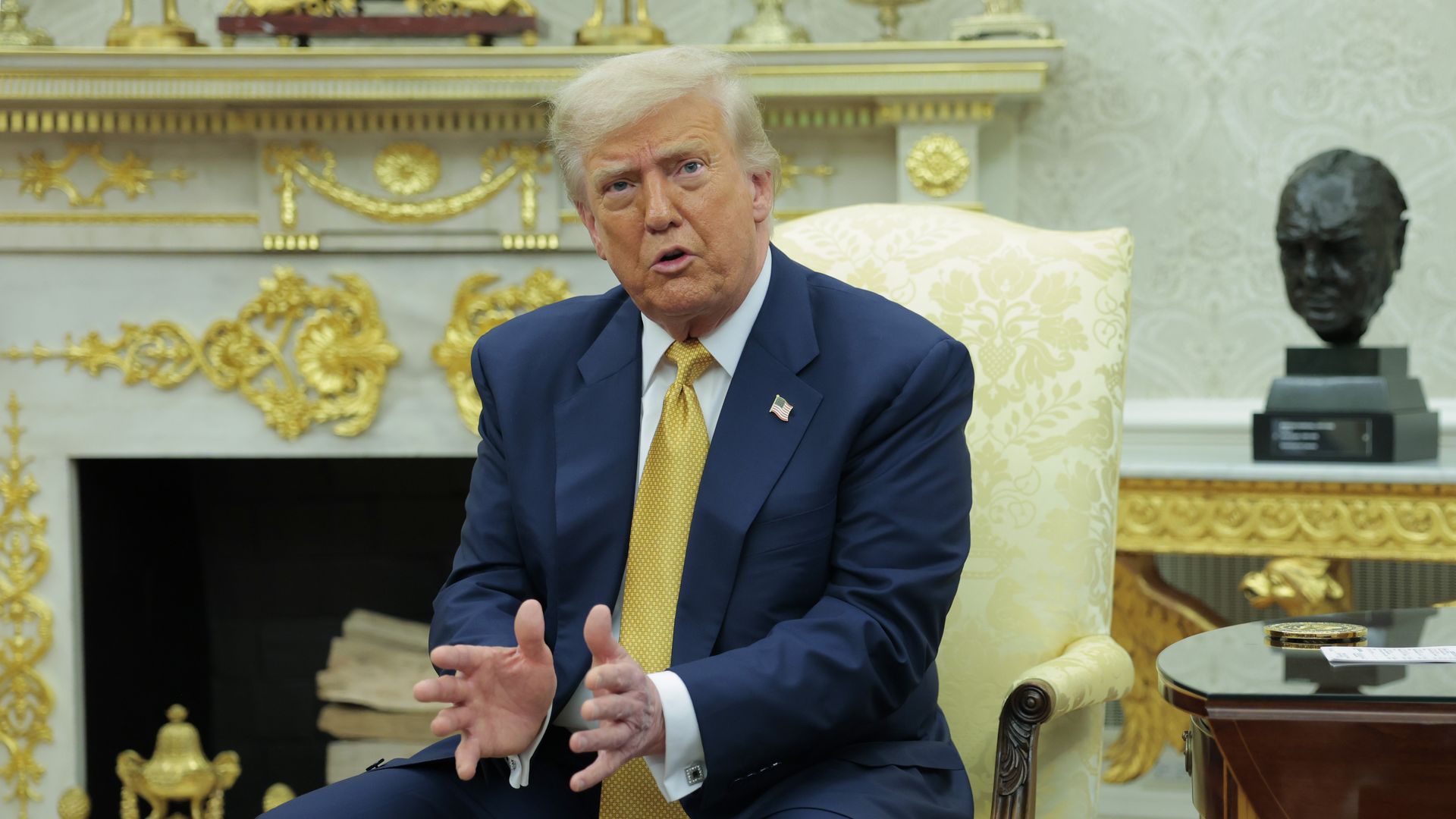 President Trump speaks to reporters during a meeting with Crown Prince of Bahrain Salman bin Hamad Al Khalifa in the Oval Office of the White House on July 16, 2025, in Washington, D.C. 