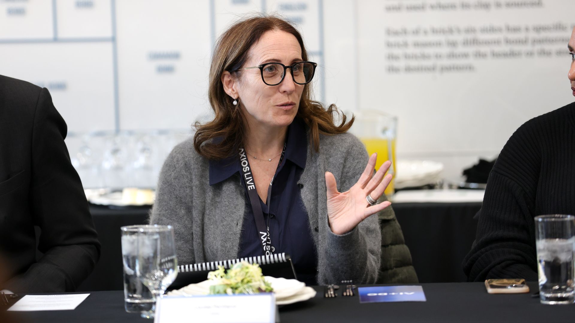 A woman with glasses and brown hair sits at a panel table, wearing a navy shirt and gray cardigan, speaking and gesturing with her right hand; a lanyard around her neck, water glass and plate in front.