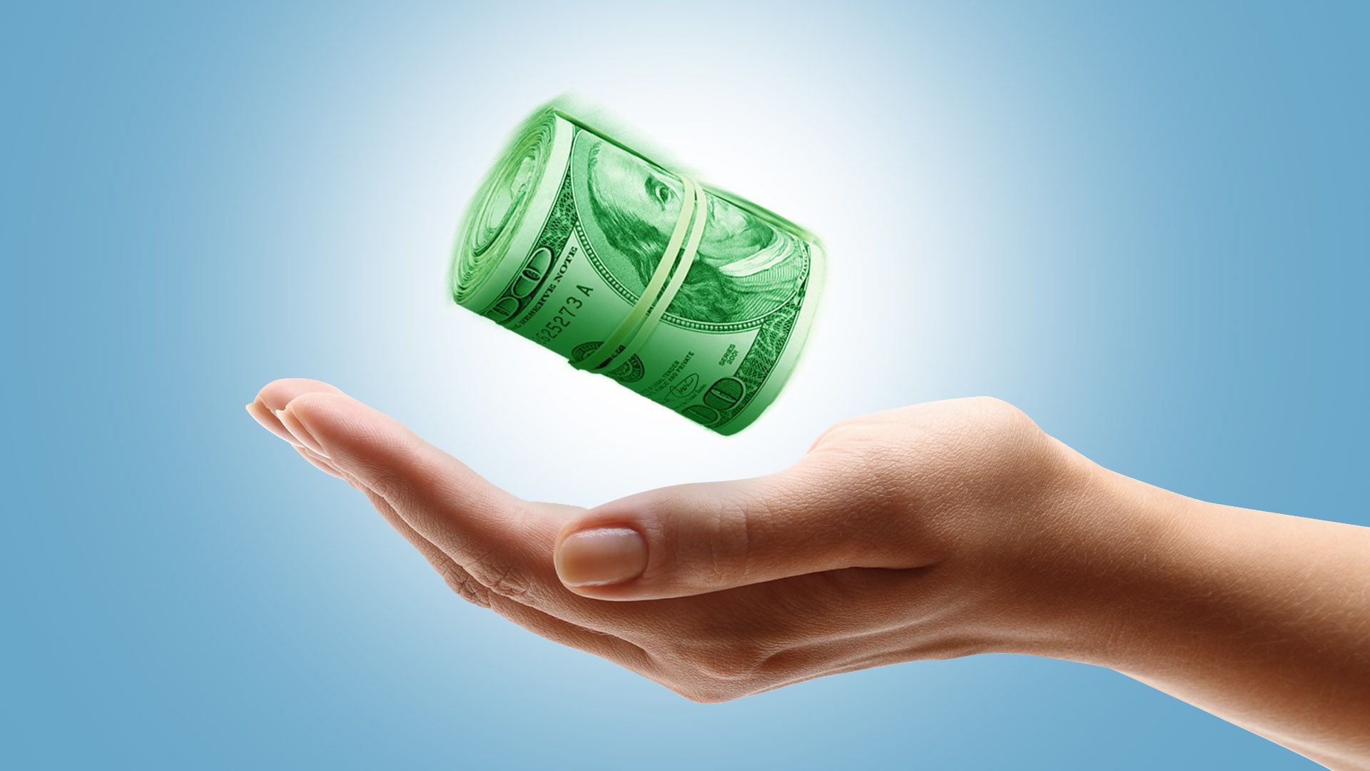 Illustration of a roll of money falling into a cupped hand