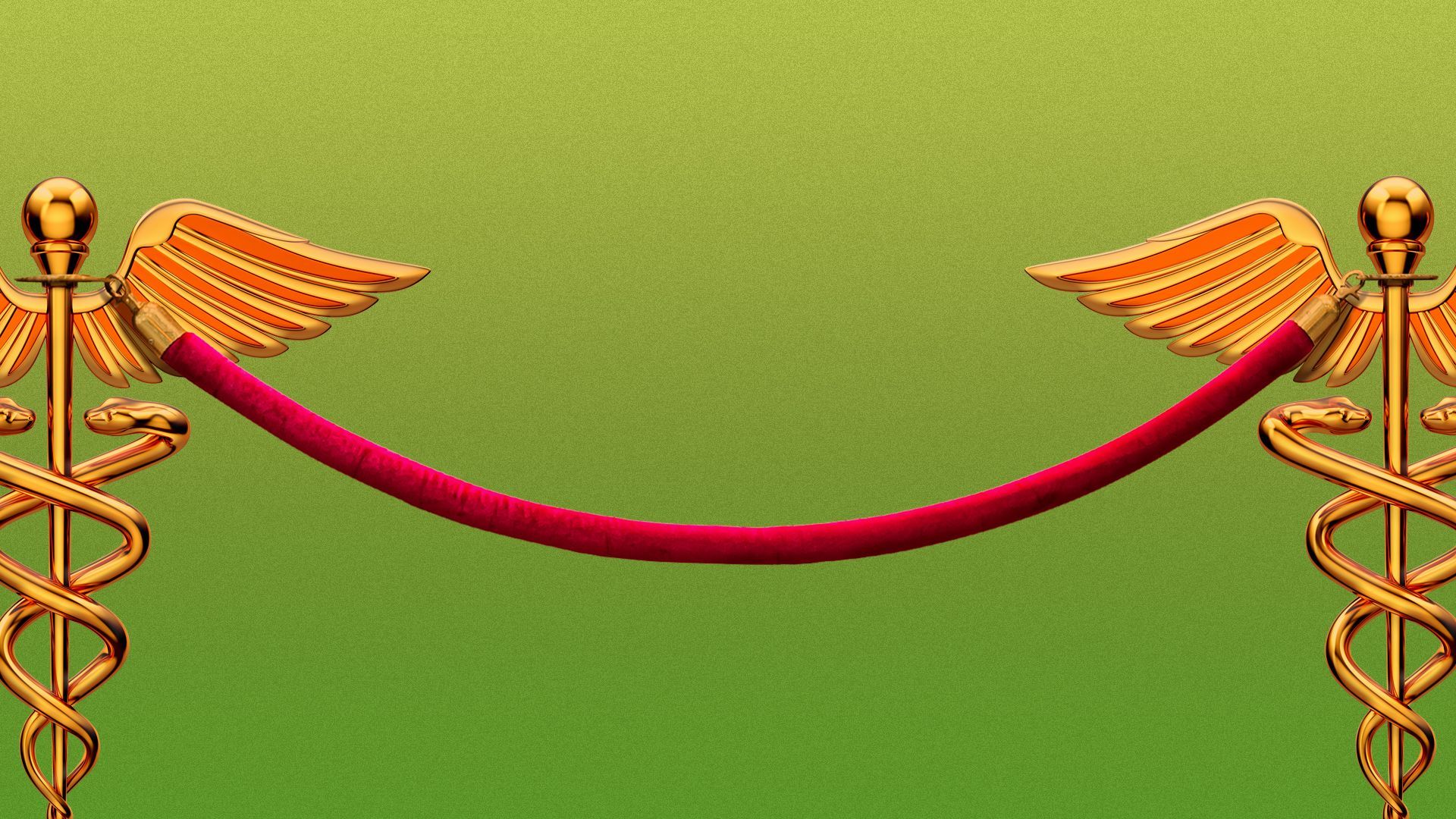 Illustration of a red velvet rope between two caduceuses 