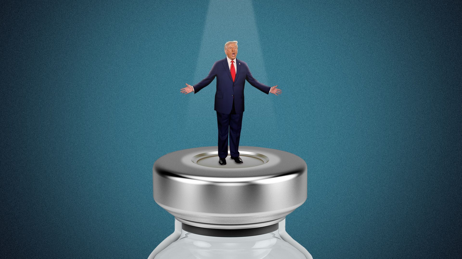 Photo illustration of President Trump standing on a vial under a spotlight. 