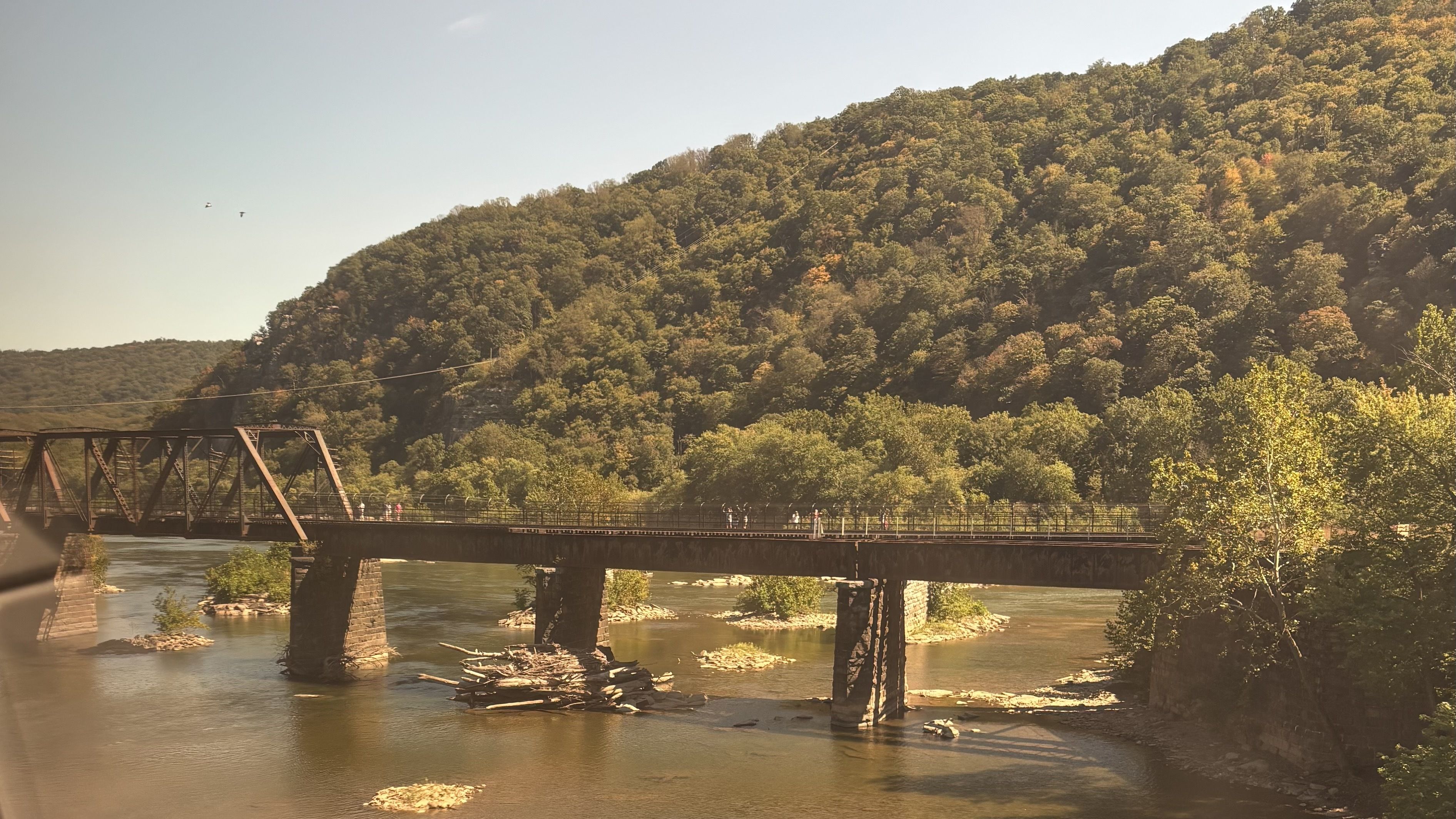 Old rusted iron bridge over a calm river with logs and rocks beneath, surrounded by green and autumn-tinted forested hills under a clear sky.