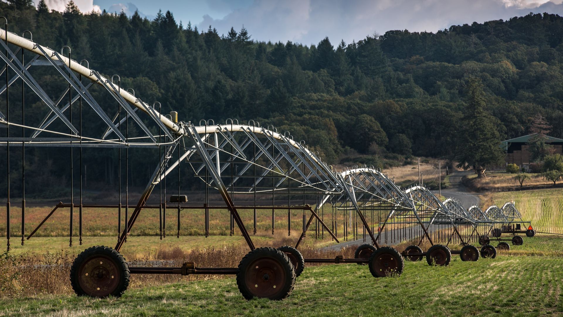 Long center-pivot irrigation system stretches across a grassy field on metal trusses with wheels, backed by a dense forest and a cloudy blue sky.