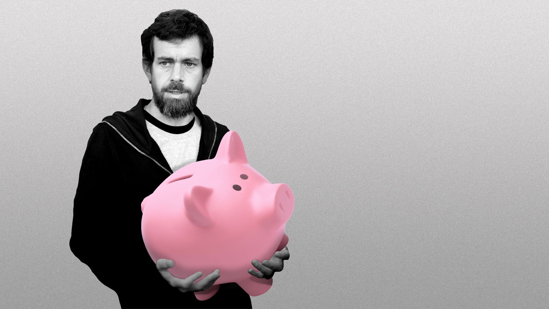 Photo illustration of Jack Dorsey holding a piggy bank.