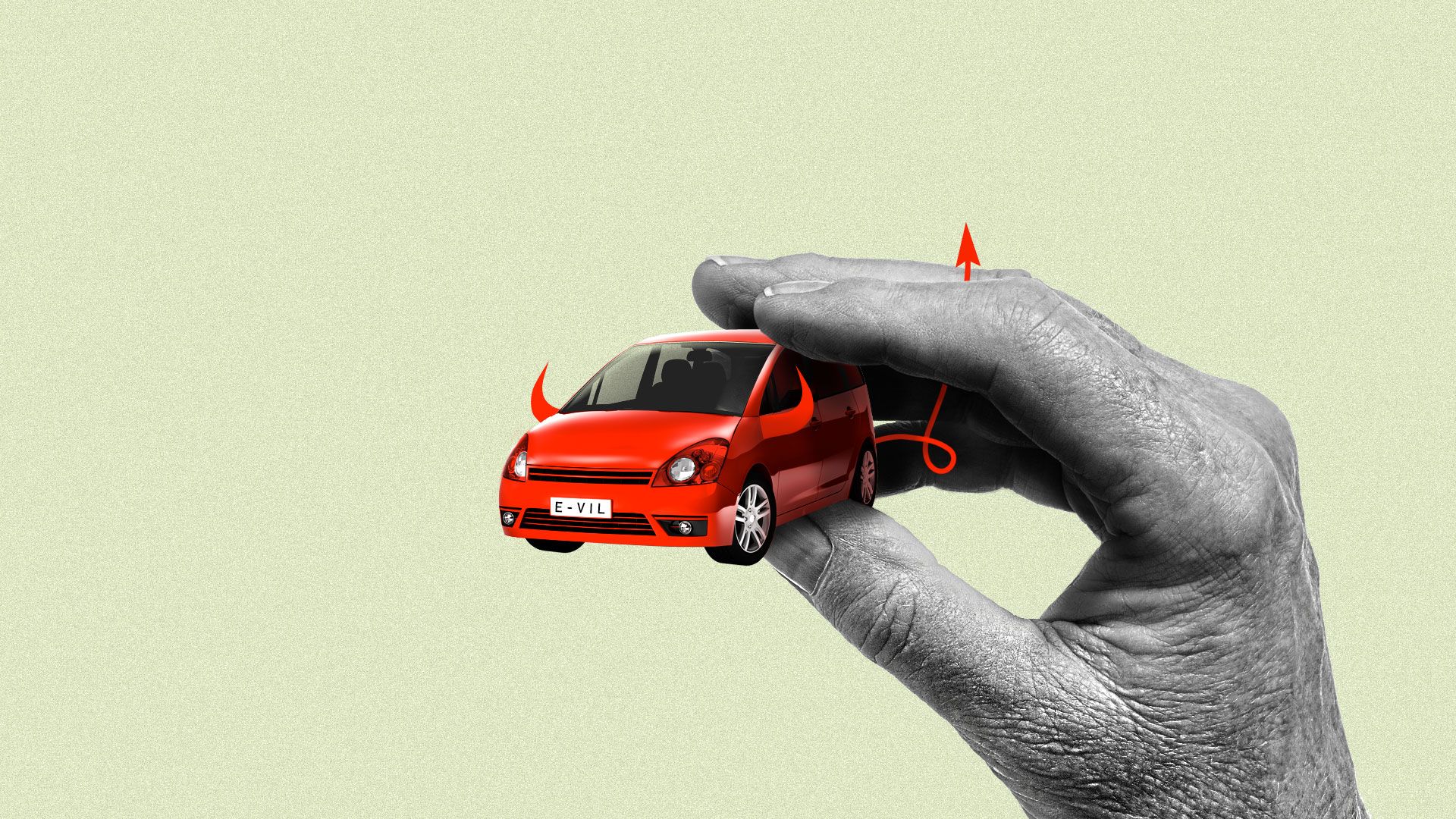 A hand holding up an evil small car