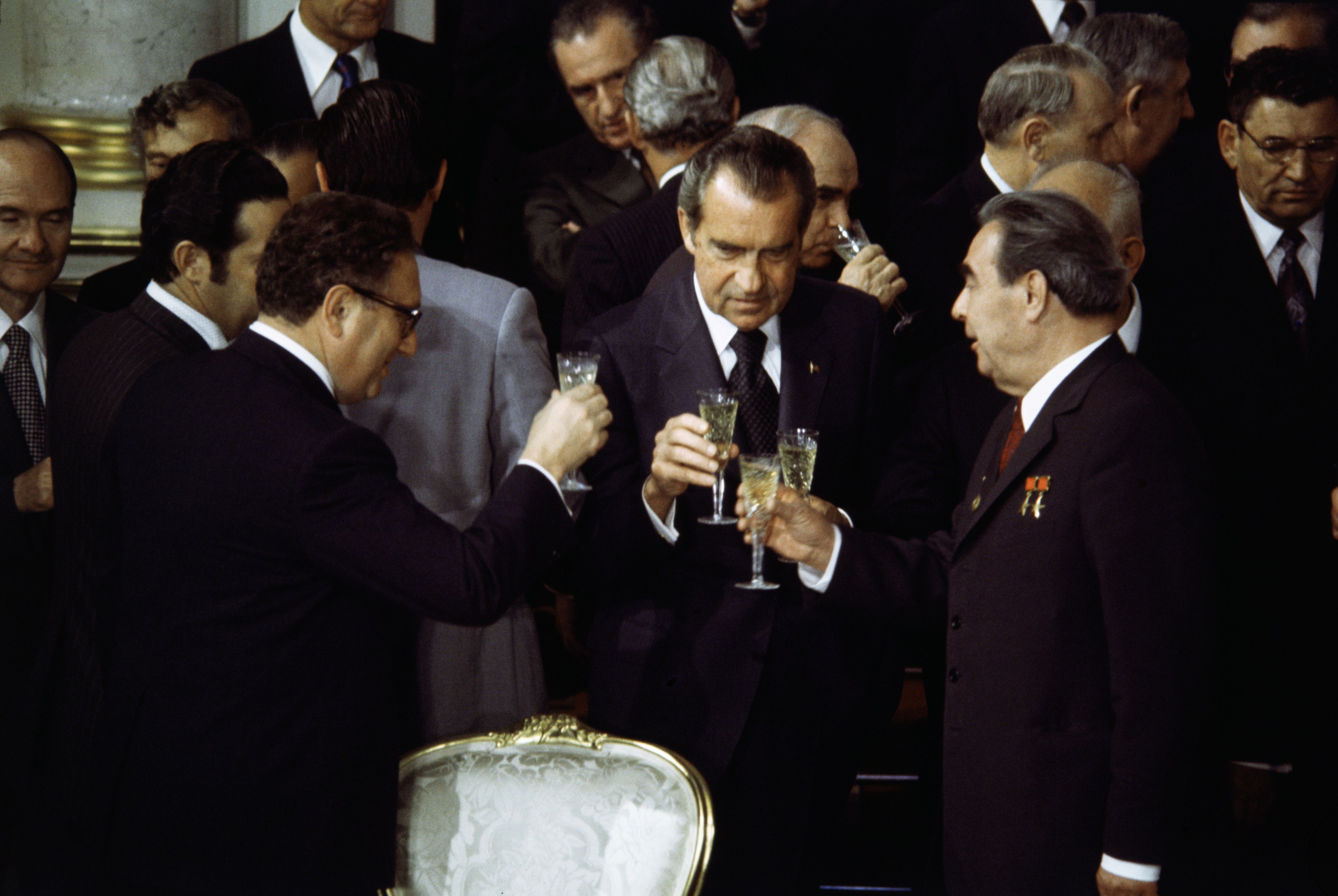 President Nixon toasting with Leonid Brezhnev, and Grmyko during Kremlin seven-day summit conference with the USSR Communist Party.