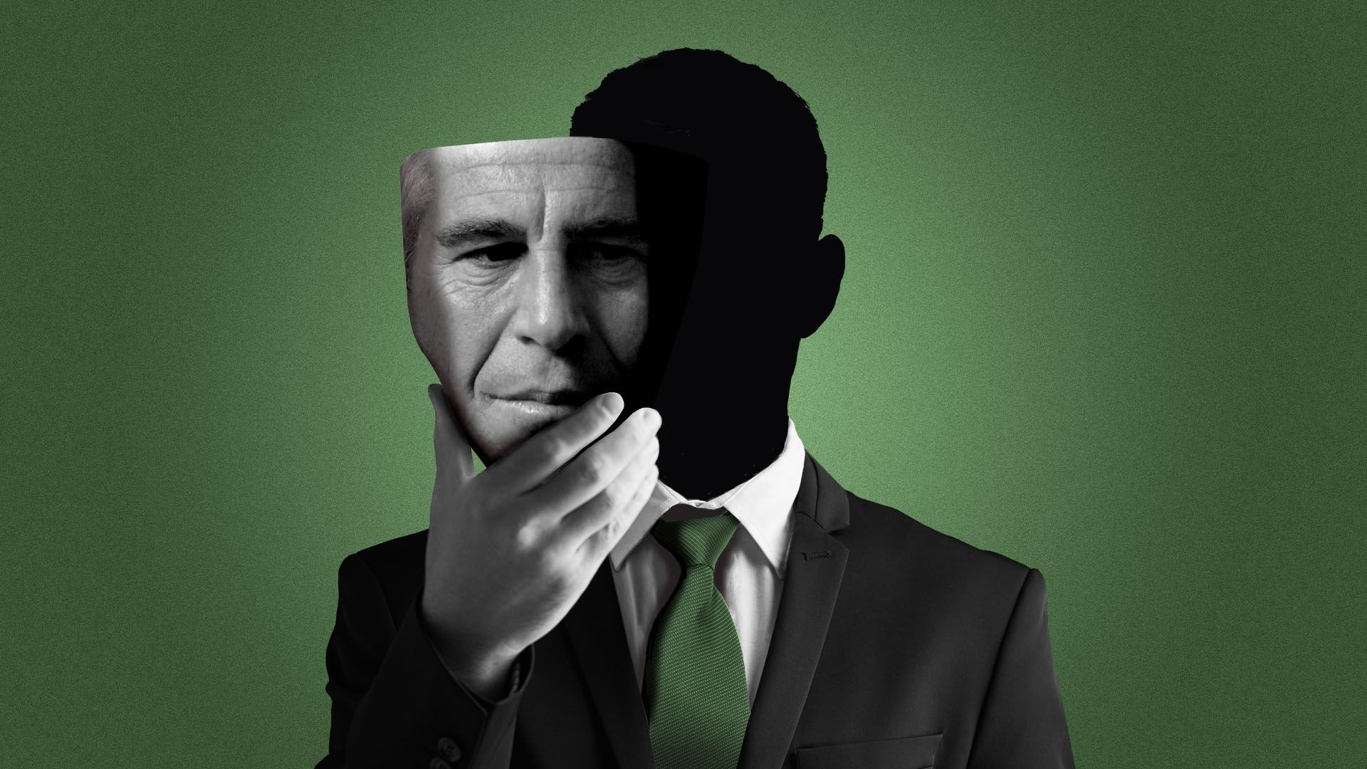 Illustration of a man in a business suit with a blacked out face, holding a Jefferey Epstein mask