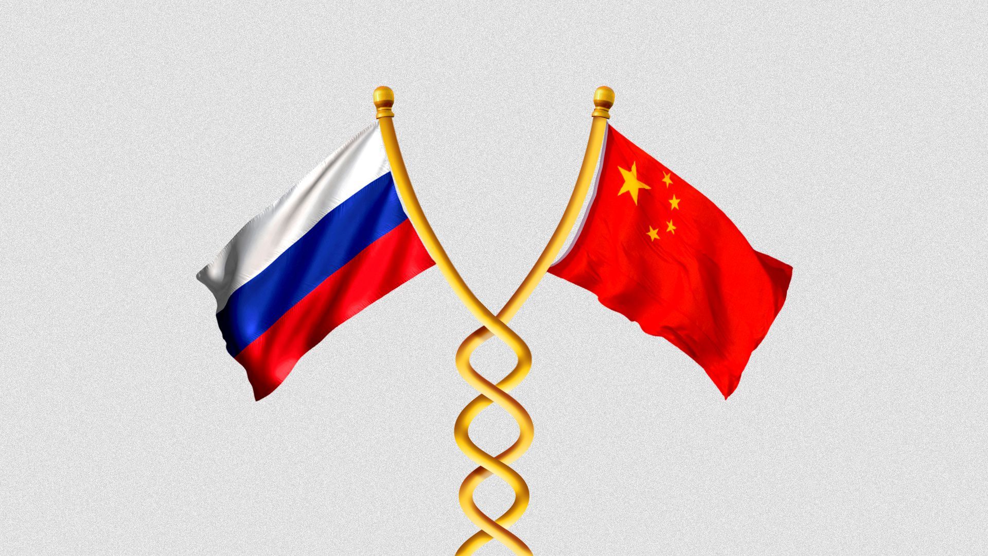 Illustration of the Russian and Chinese flags on poles twisting together