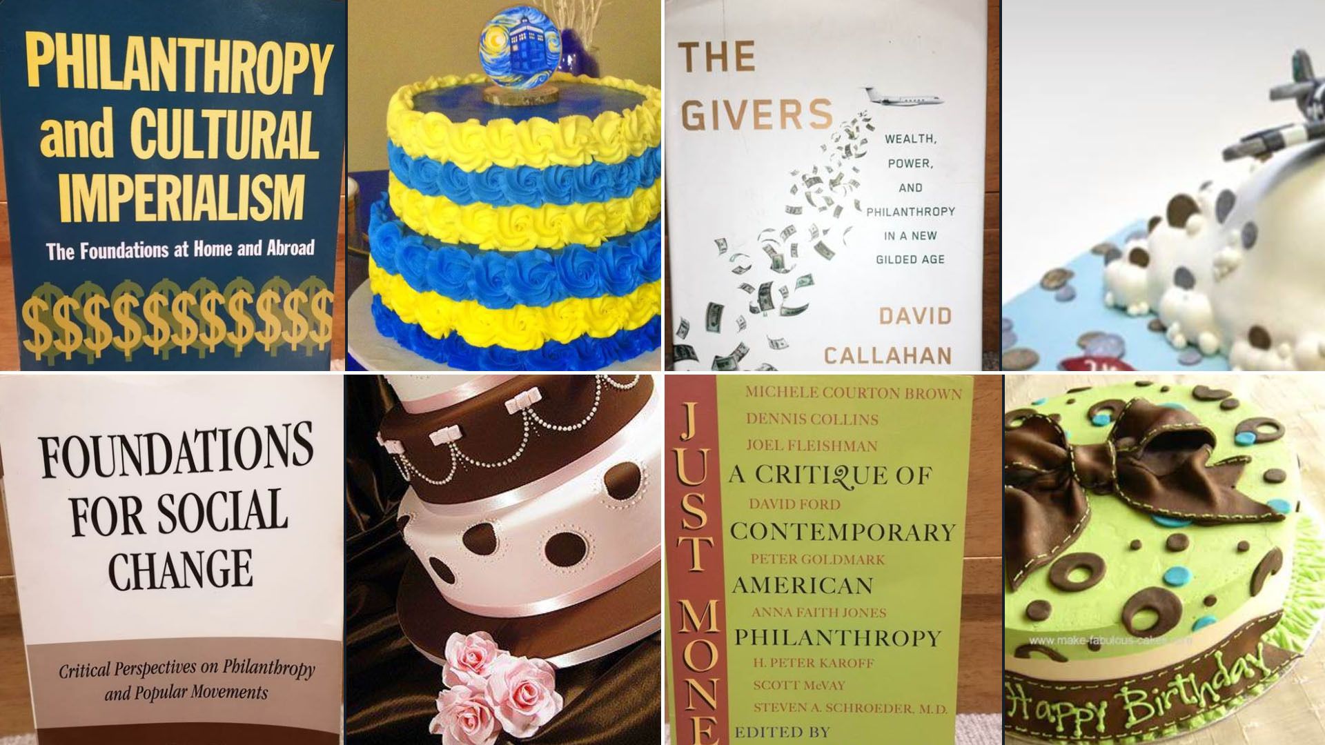 Pictures of philanthropy books, and the cakes they look like