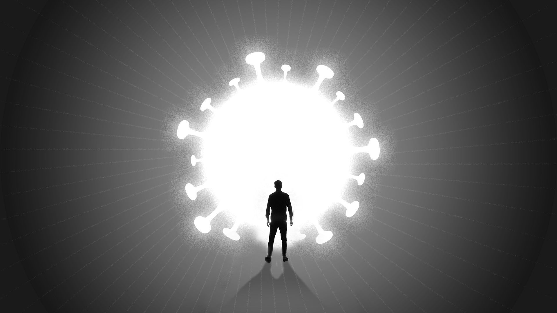 Illustration of a person staring into the light at the end of a tunnel, the light is in the shape of a coronavirus cell.
