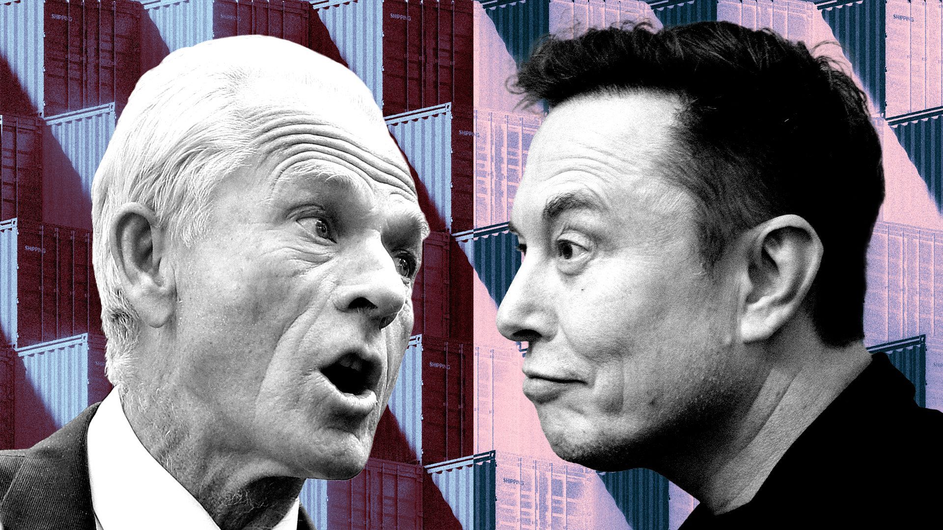 Photo illustration of Peter Navarro and Elon Musk facing each other against a background of stacked shipping containers.
