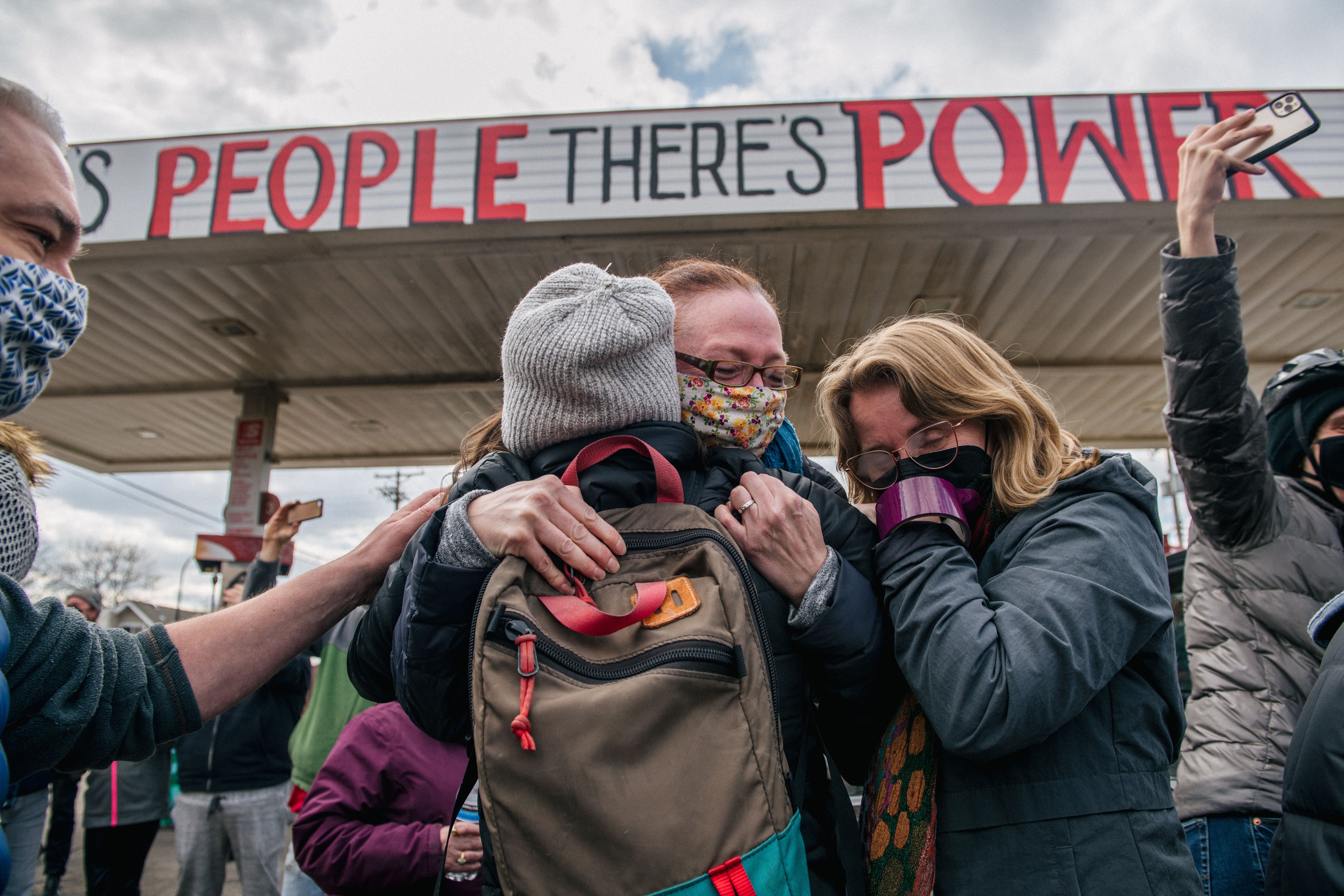 People celebrate the guilty verdict in the Dereck Chauvin trail at the intersection of 38th Street and Chicago Avenue on April 20, 2021 in Minneapolis, Minnesota.