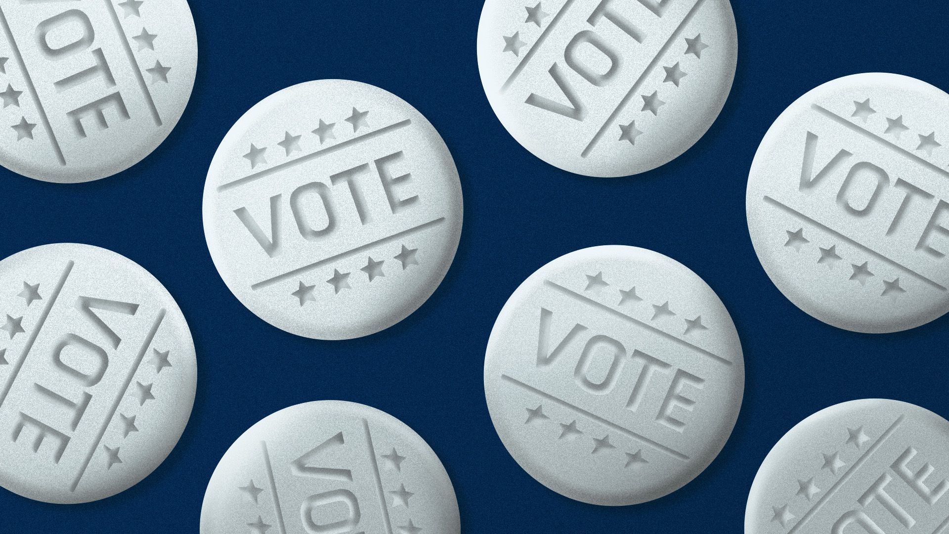 an illustration of repeating white tablet pills that have the word "vote" etched into them to resemble a voting button