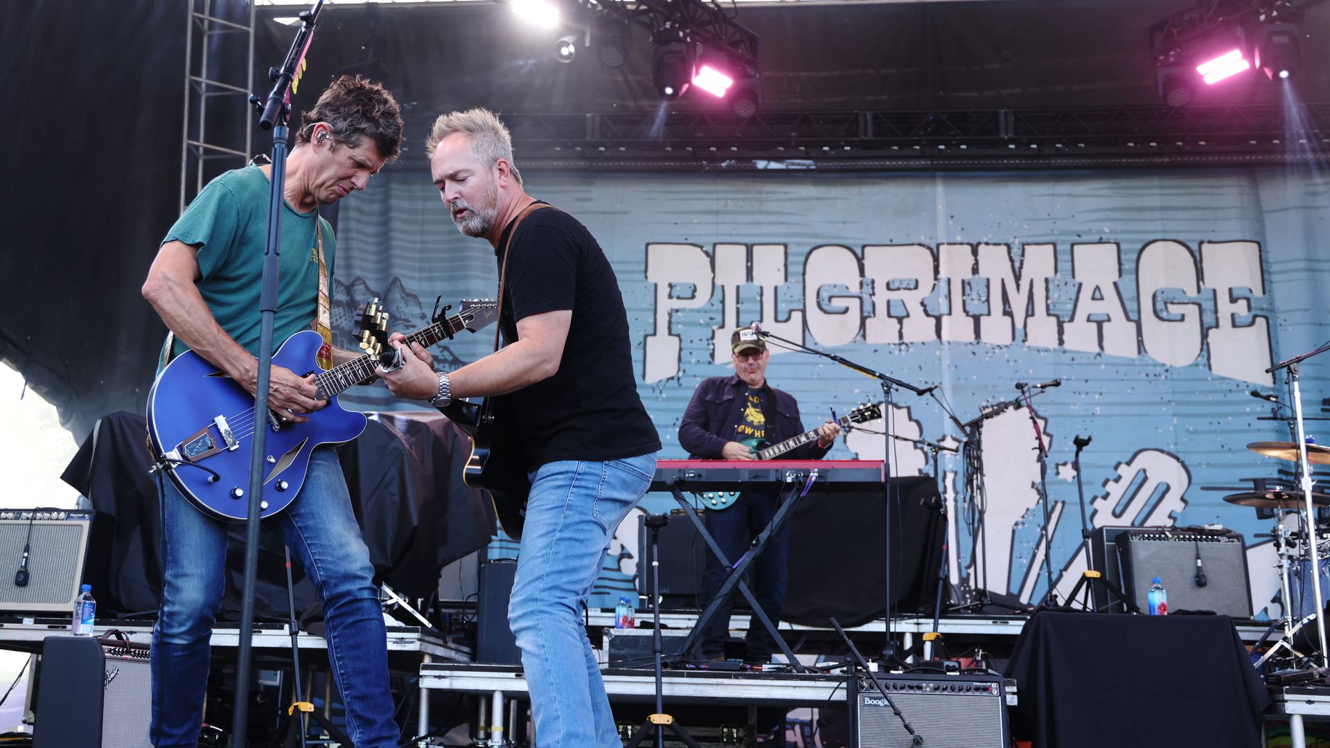 Emerson Hart (center) performs onstage with Kevin Griffin and Jim Payne of Better Than Ezra for day two of the 2025 Pilgrimage Music & Cultural Festival at The Park at Harlinsdale Farm on September 28, 2025 in Franklin, Tennessee. 