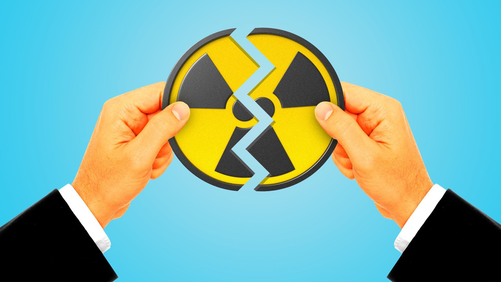 Illustration of two hands with matching pieces of a nuclear symbol.   