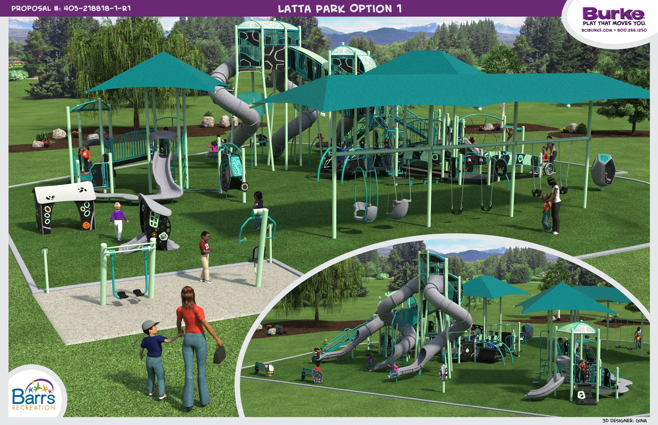 "Latta Park Option 1" playground rendering: large teal-framed structure with twisting tubes, slides, swings, and climbing panels under teal shade sails, in a grassy park with trees and mountains.
