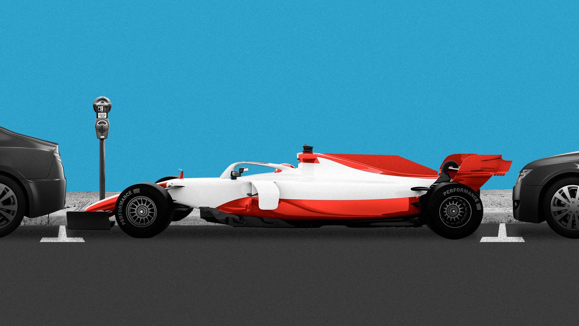 Illustration of a race car parallel parked between two sedans.