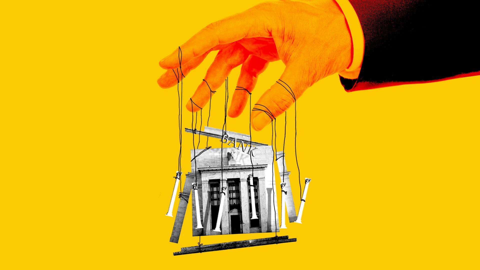Illustration of a giant hand in a business suit holding a marionette bank