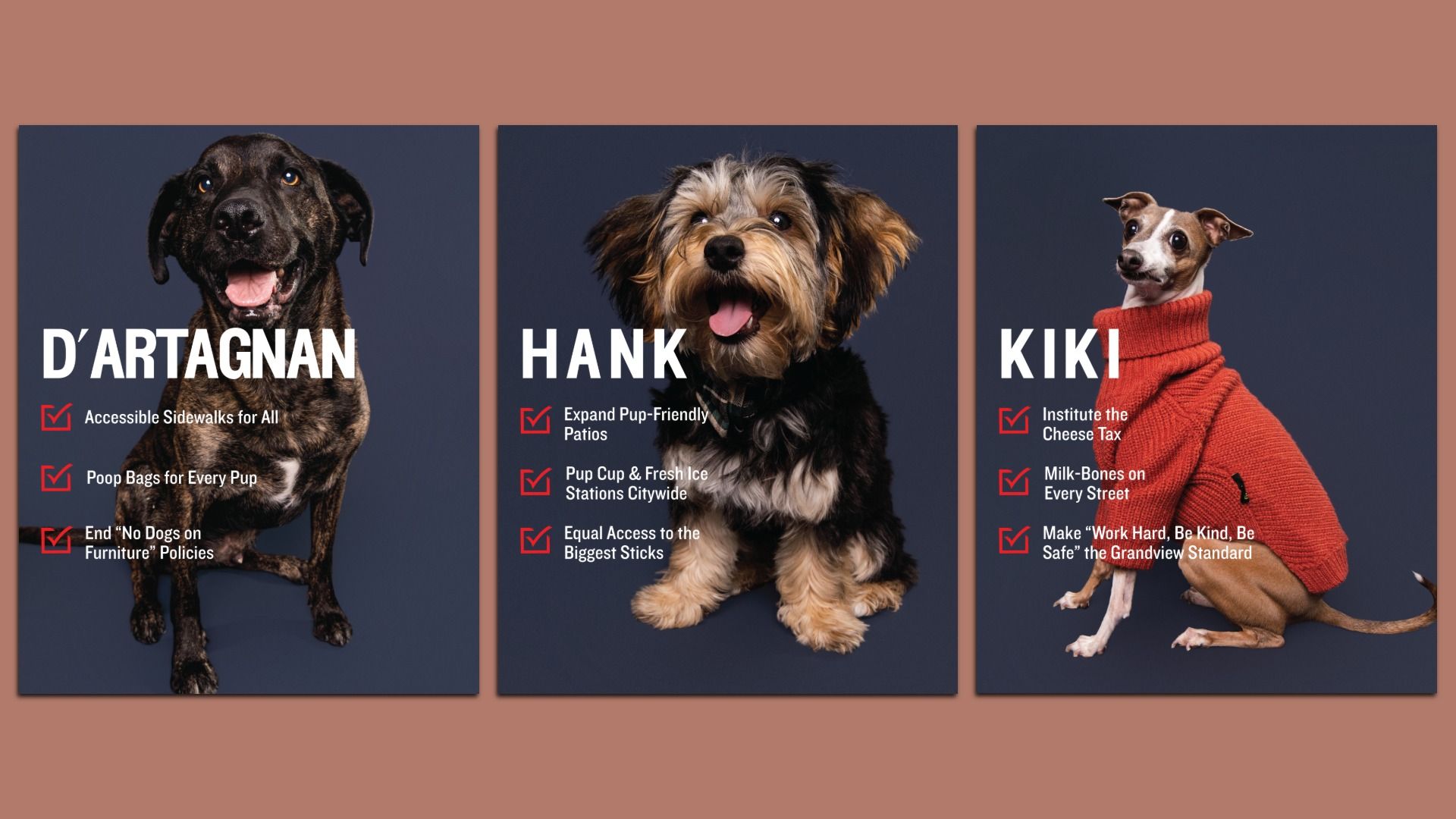 Three vertical dog posters on dark blue backgrounds. Left: D’ARTAGNAN the brindle hound. Middle: Hank the fluffy terrier mix. Right: Kiki the greyhound in a red sweater. White text and red checkmarks.