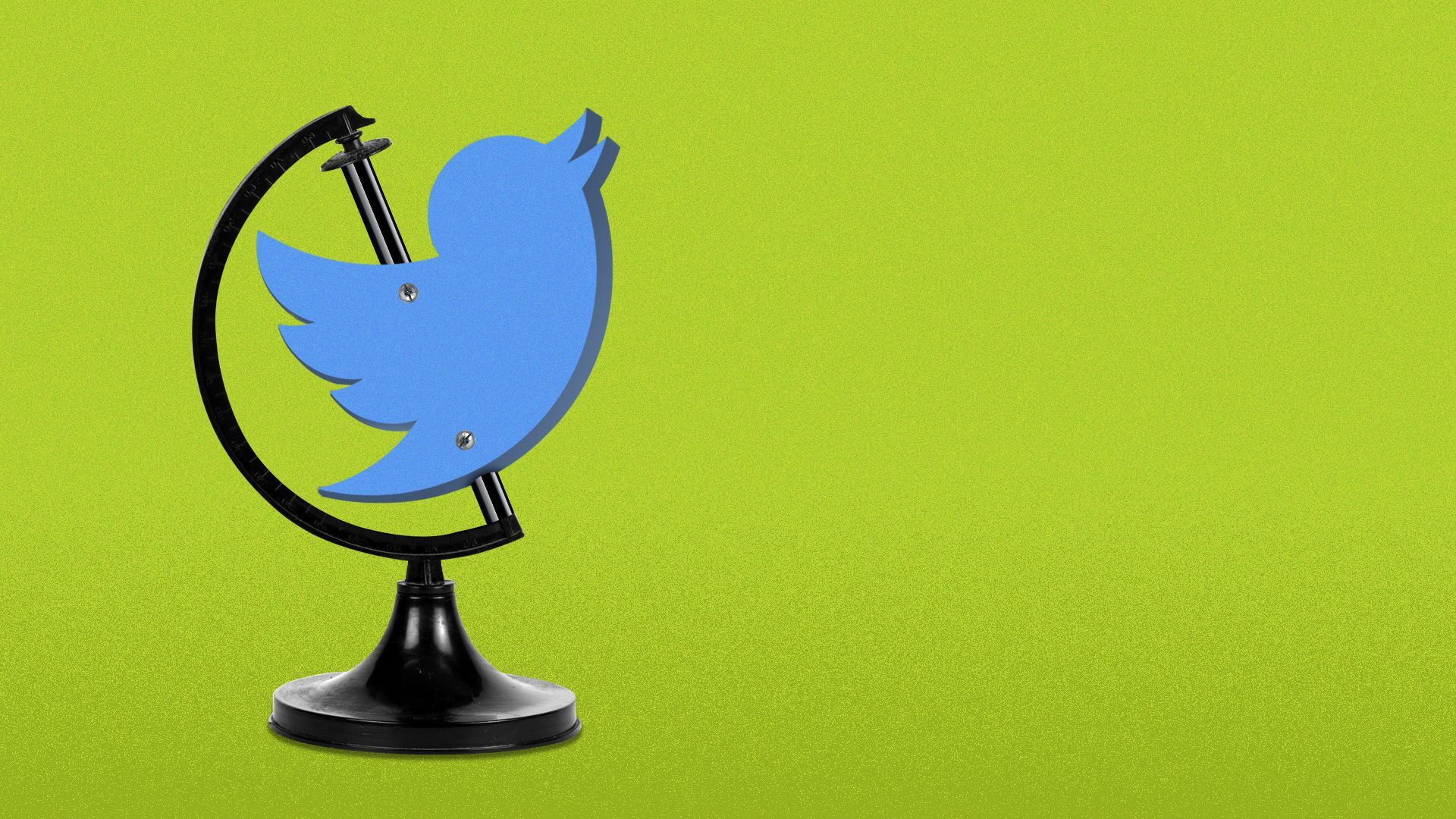Illustration of the Twitter logo in a globe stand.
