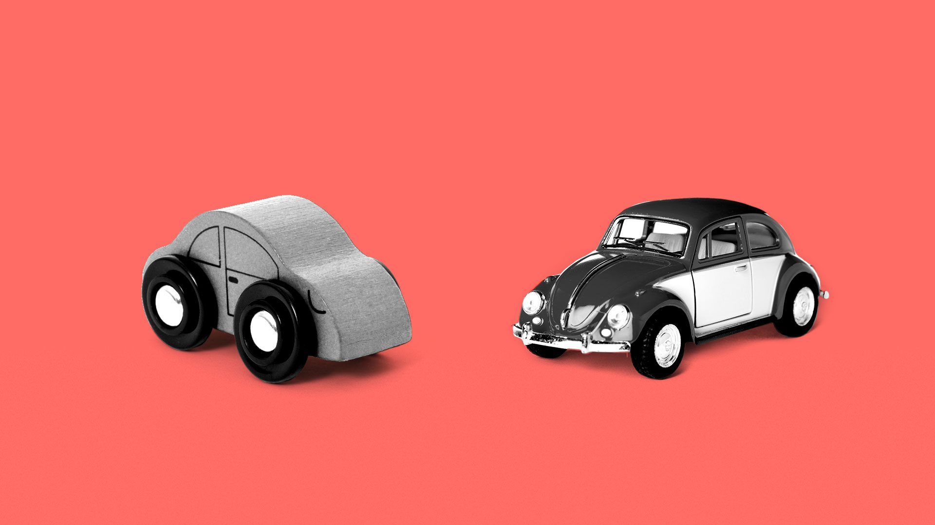 Illustration of a wooden car next to a VW beetle 