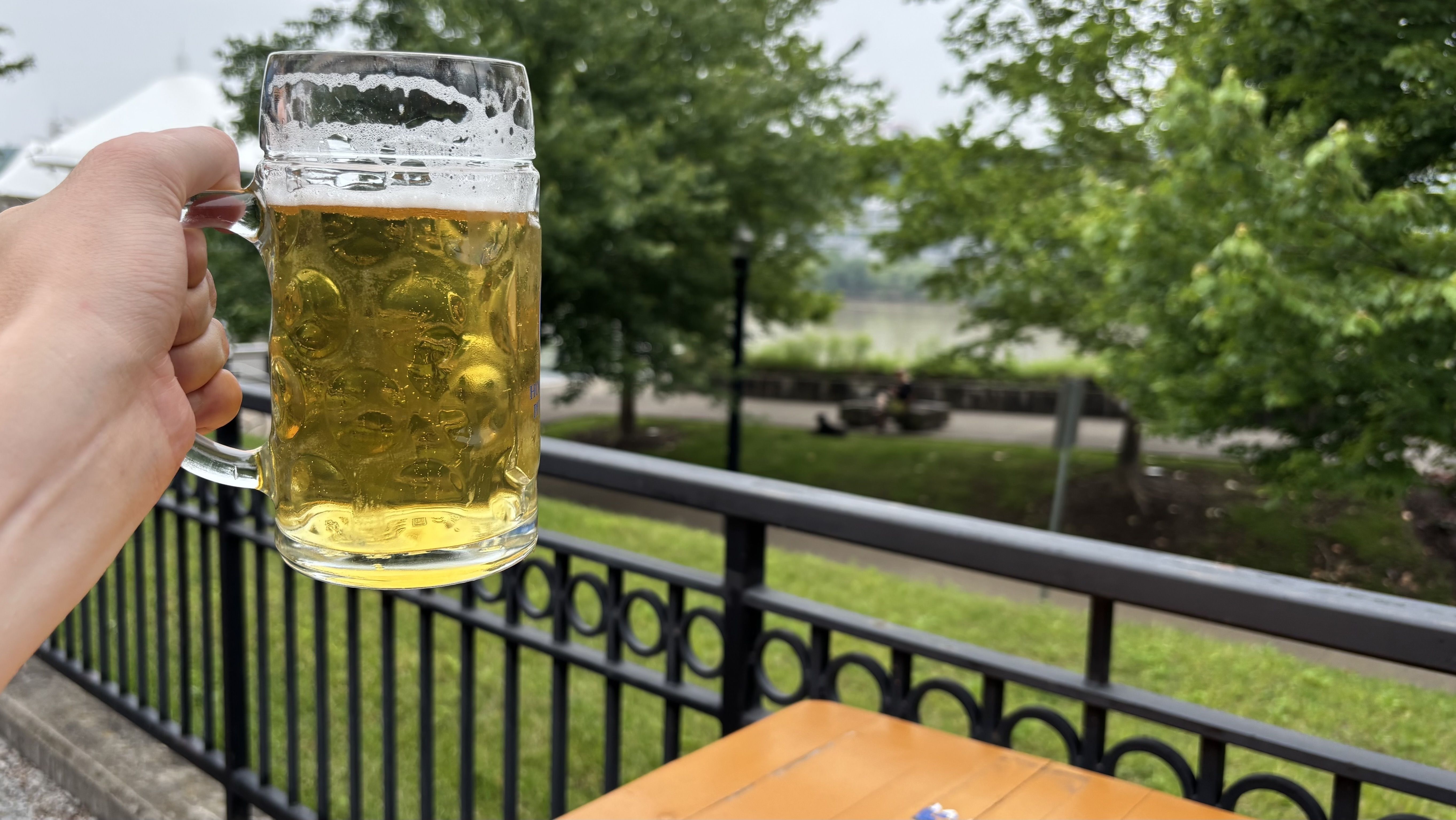 A close-up of a hand gripping a large glass beer mug filled with pale beer and bubbles, foam at the rim, outdoors on a balcony with a black railing and green trees in the background.