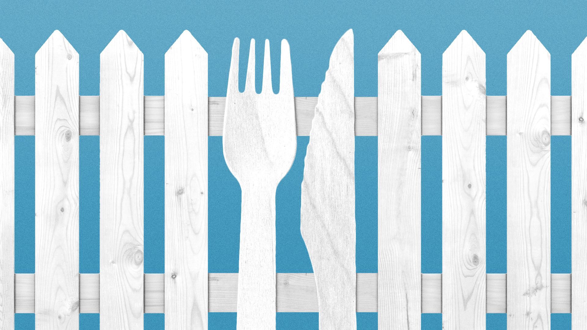 Illustration of a white picket fence, with two of the posts replaced with oversized silverware.
