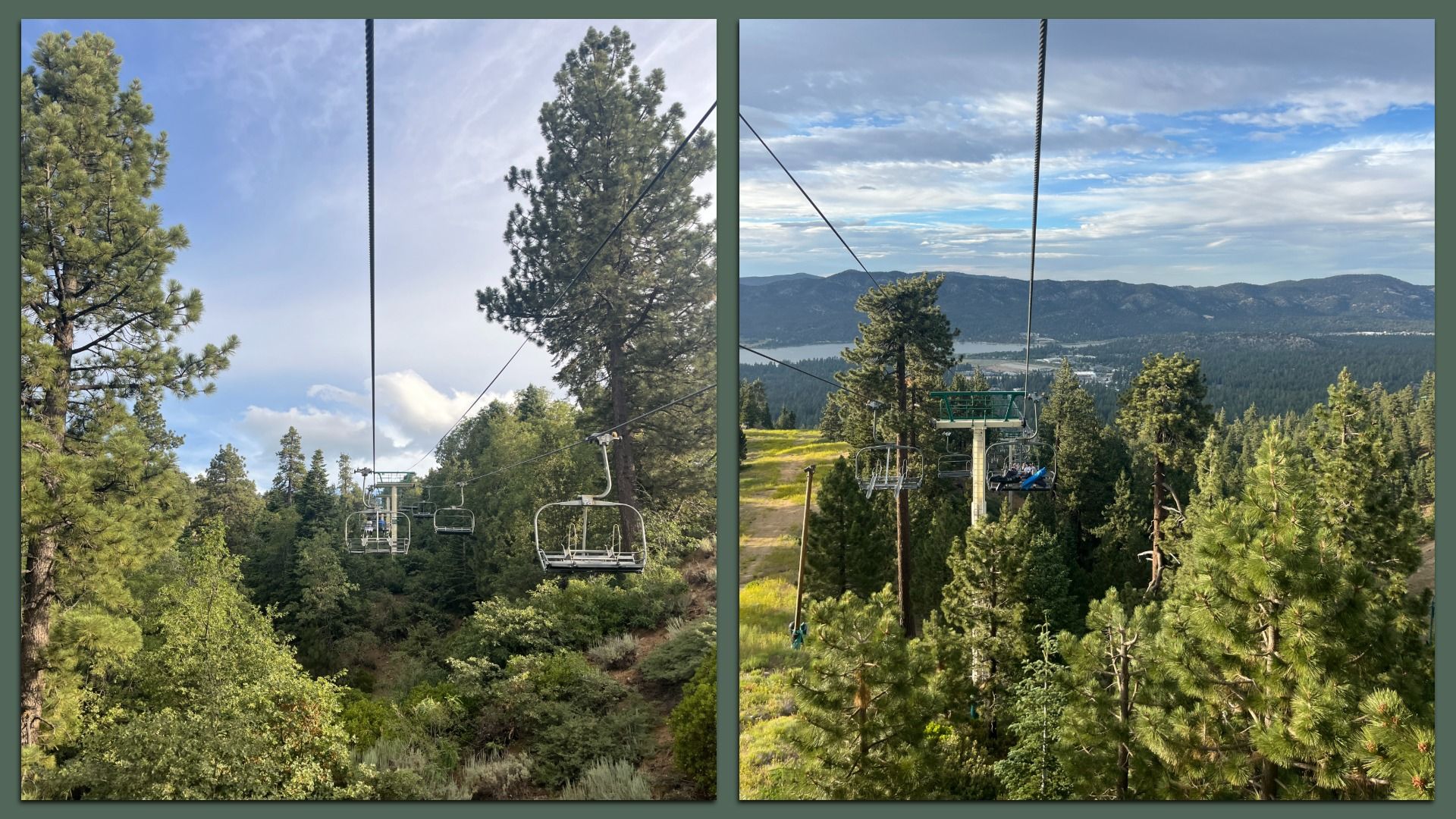 Two-panel image of a chairlift gliding through tall pines over a mountain valley; cables stretch between evergreens under a blue sky with scattered clouds.