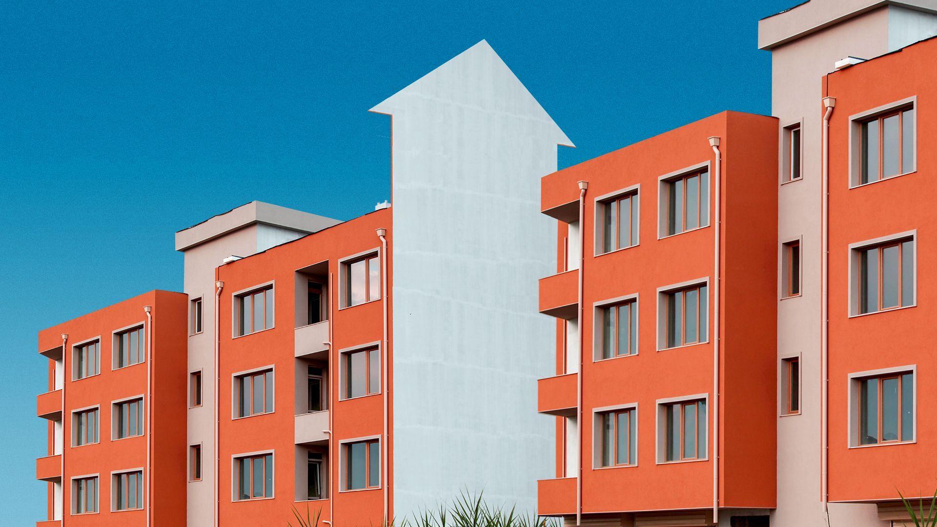 Illustration of a row of condo buildings with one wall rising up into the sky and forming an upward pointing arrow