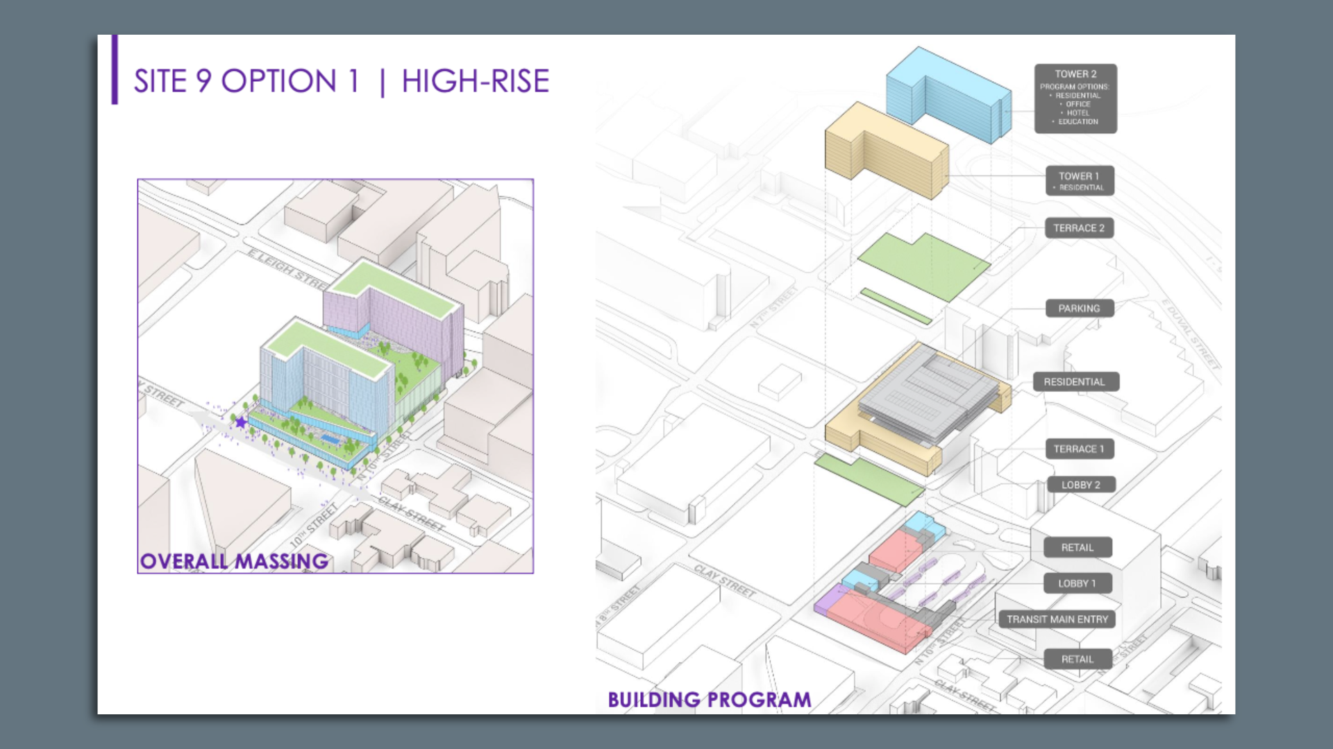 A rendering showing a high rise building with apts and a hotel above as the new GRTC transfer station 
