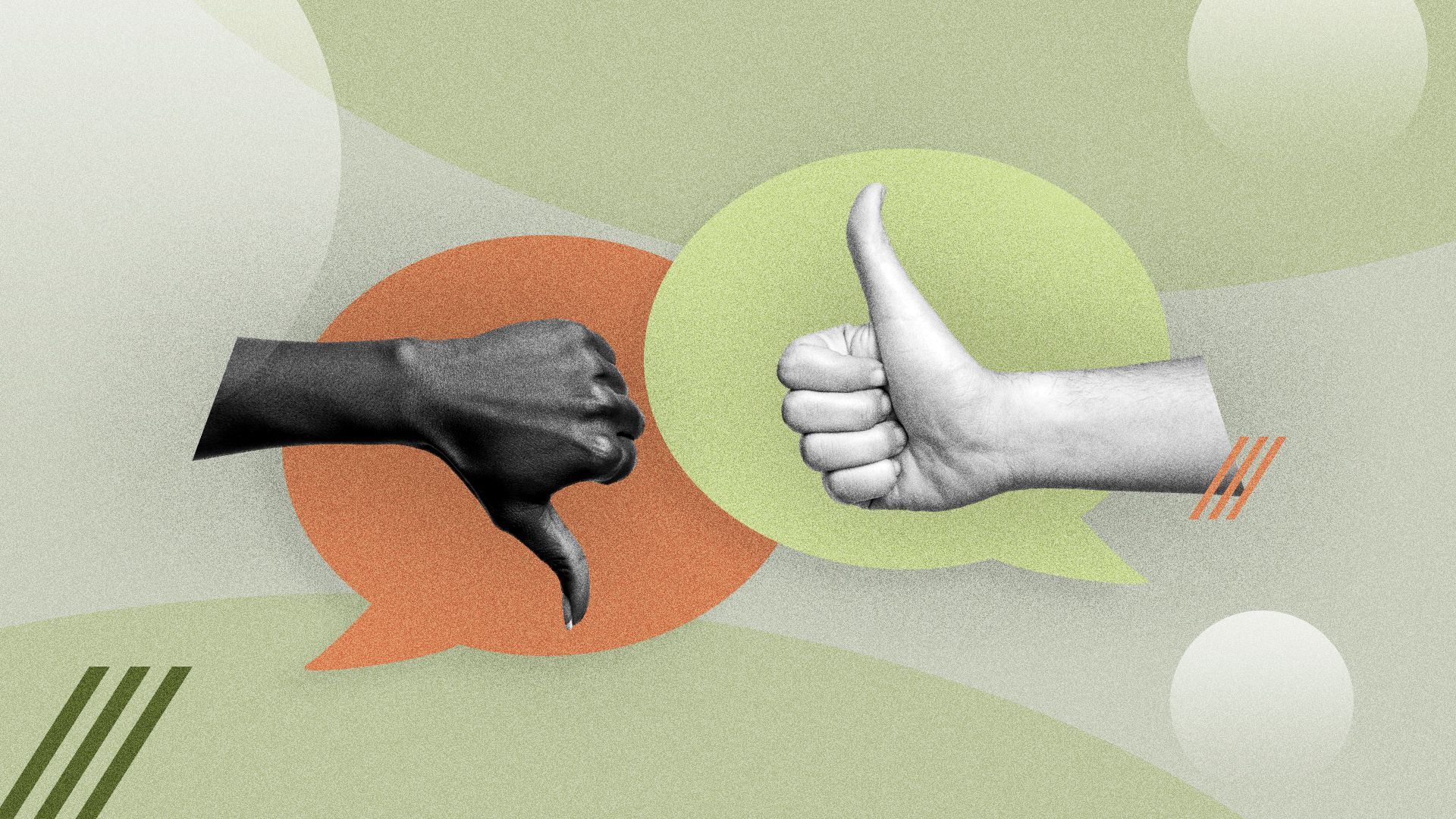 Illustration of two speech bubbles, one with a thumb pointing up, and one with a thumb pointing down, surrounded by abstract shapes.