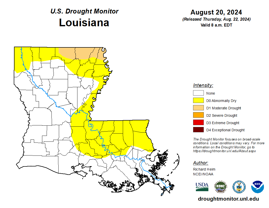 Image shows a map of Louisiana with abnormally dry conditions marked in yellow.