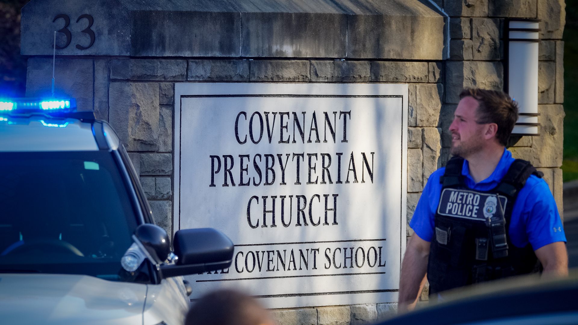 Nashville police block the entrance of the Covenant School, a Presbyterian school associated with a church after three children and three adults were gunned down