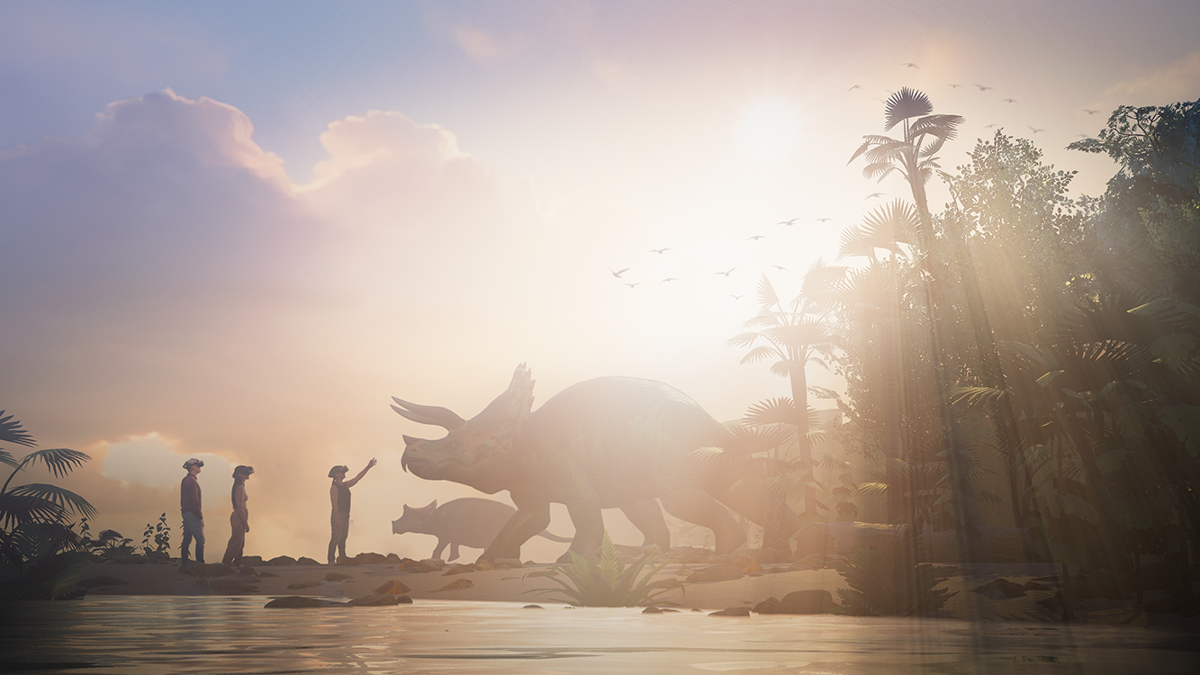 Sunset at a prehistoric shore: three humans observe a large horned dinosaur and a smaller one as a jungle of palms and trees rises on the right; birds fly in the bright sky over calm water and rocks.