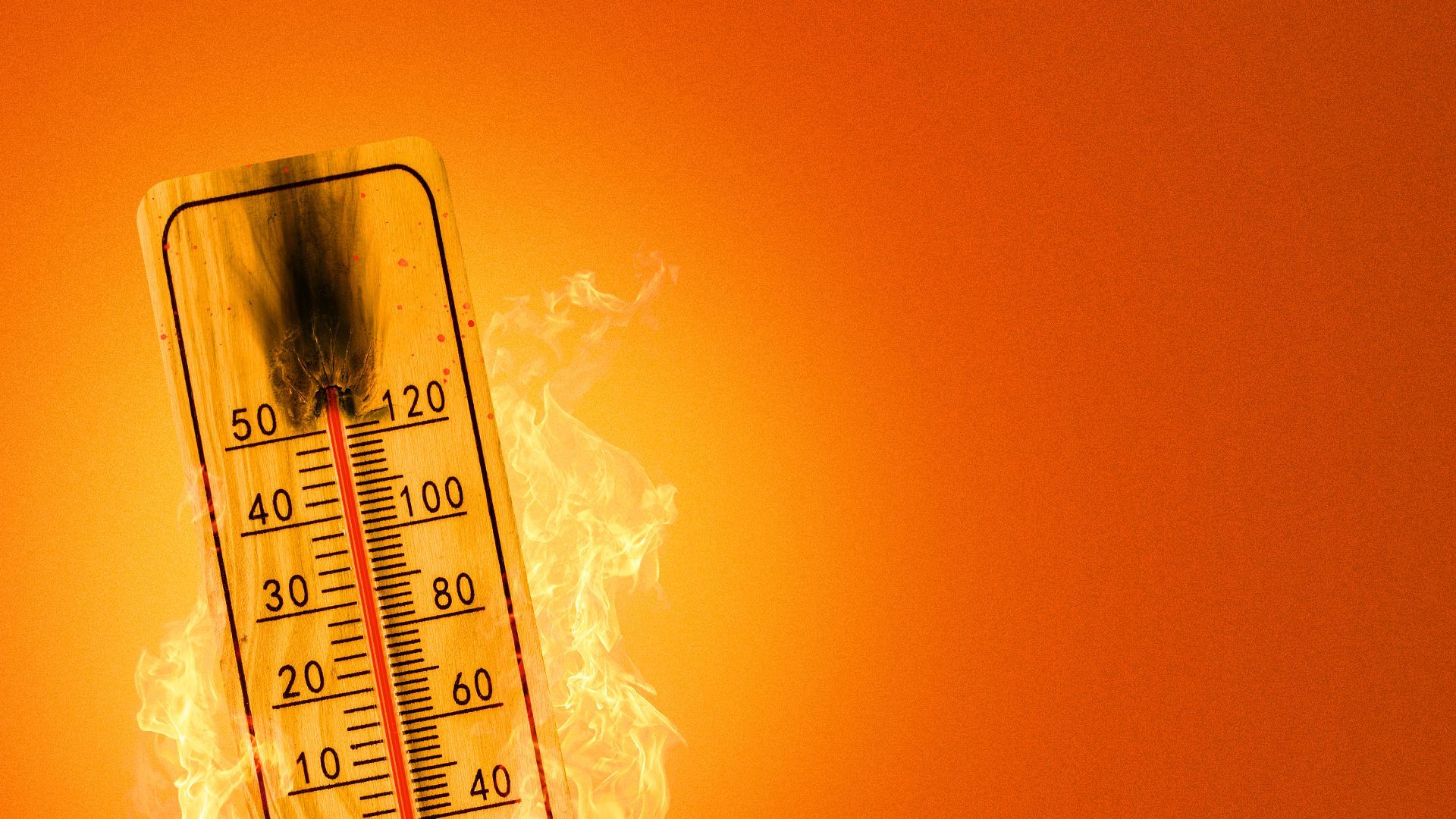 Illustration of a weather thermometer on fire with a scorched top where the mercury has exploded.