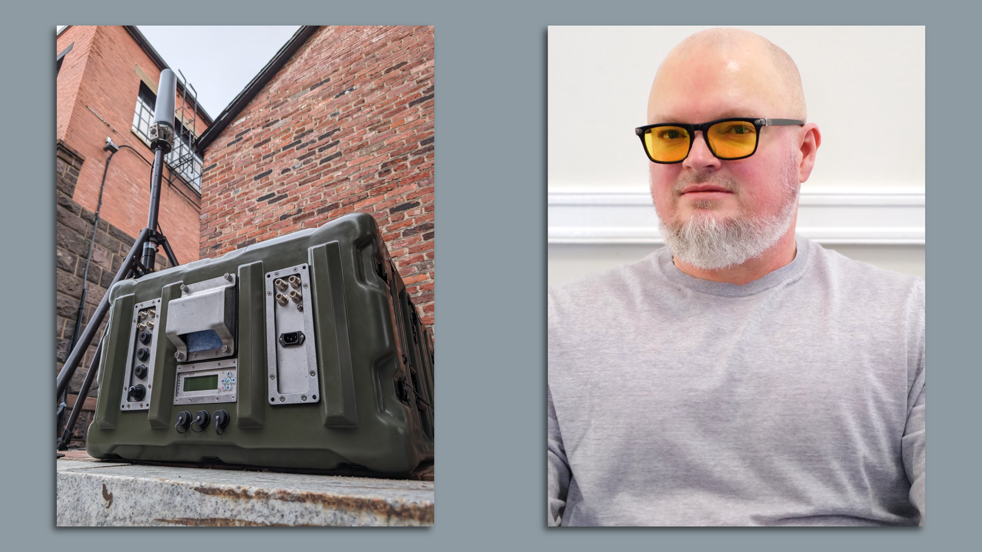  A composite: one photo of electronic gear packed into a military-grade box next to a microphone on a tripod, the second is a bald man with a beard sits upon a gray couch next to a white wall with white trim.