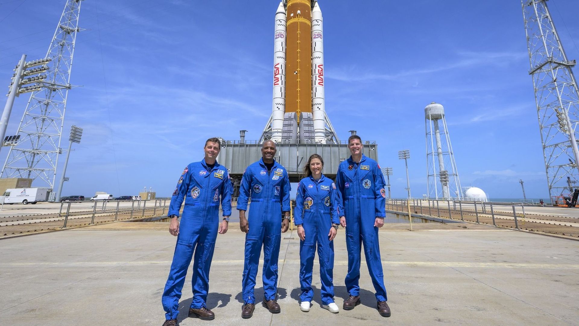NASA astronauts commander Reid Wiseman, pilot Victor Glover, mission specialist Christina Koch and Canadian Space Agency and mission specialist astronaut Jeremy Hansen in Cape Canaveral on March 30. Photo: Bill Ingalls/NASA/Getty Image


