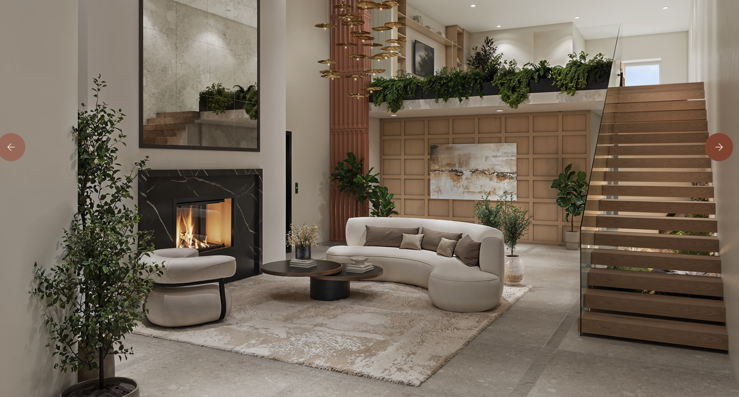 Modern open living space with beige tones: white curved sofa, round coffee tables, black marble fireplace, paneled wall, wooden staircase, gold chandelier, and lush potted plants on shelves and mezzanine.