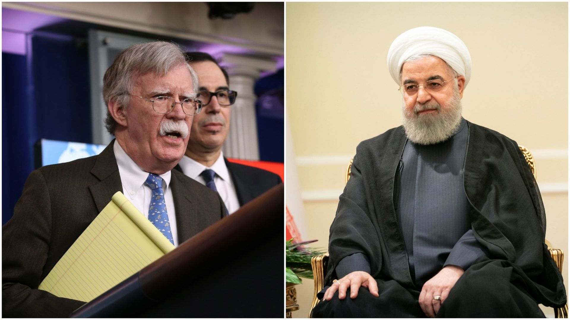 Collage of former national security adviser John Bolton and Iranian President Hassan Rouhani