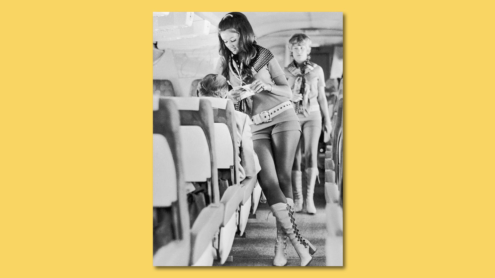 Circa 1972 image of 2 Southwest Airlines flight attendants wearing hot pants and go-go boots