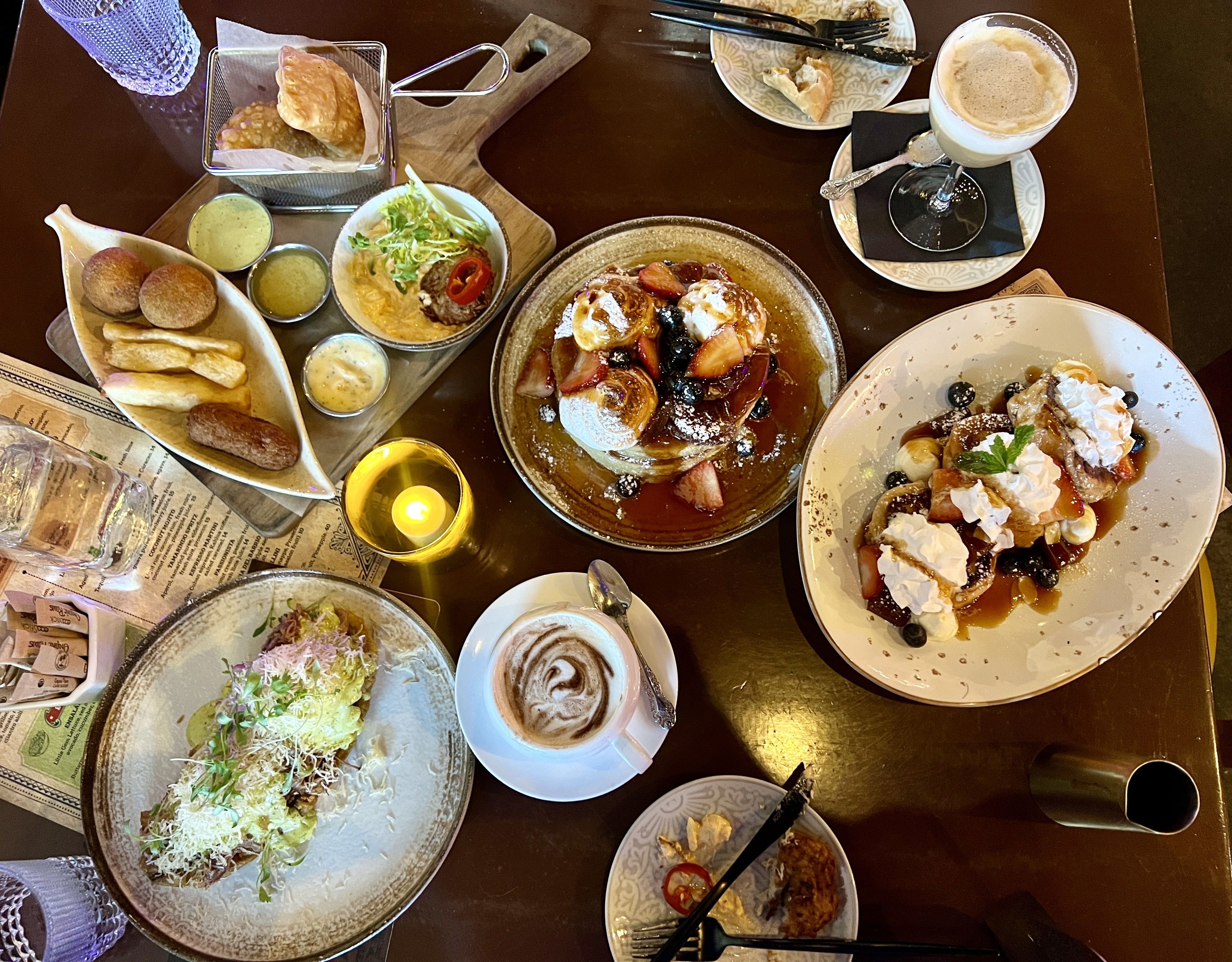 several brunch dishes on a table