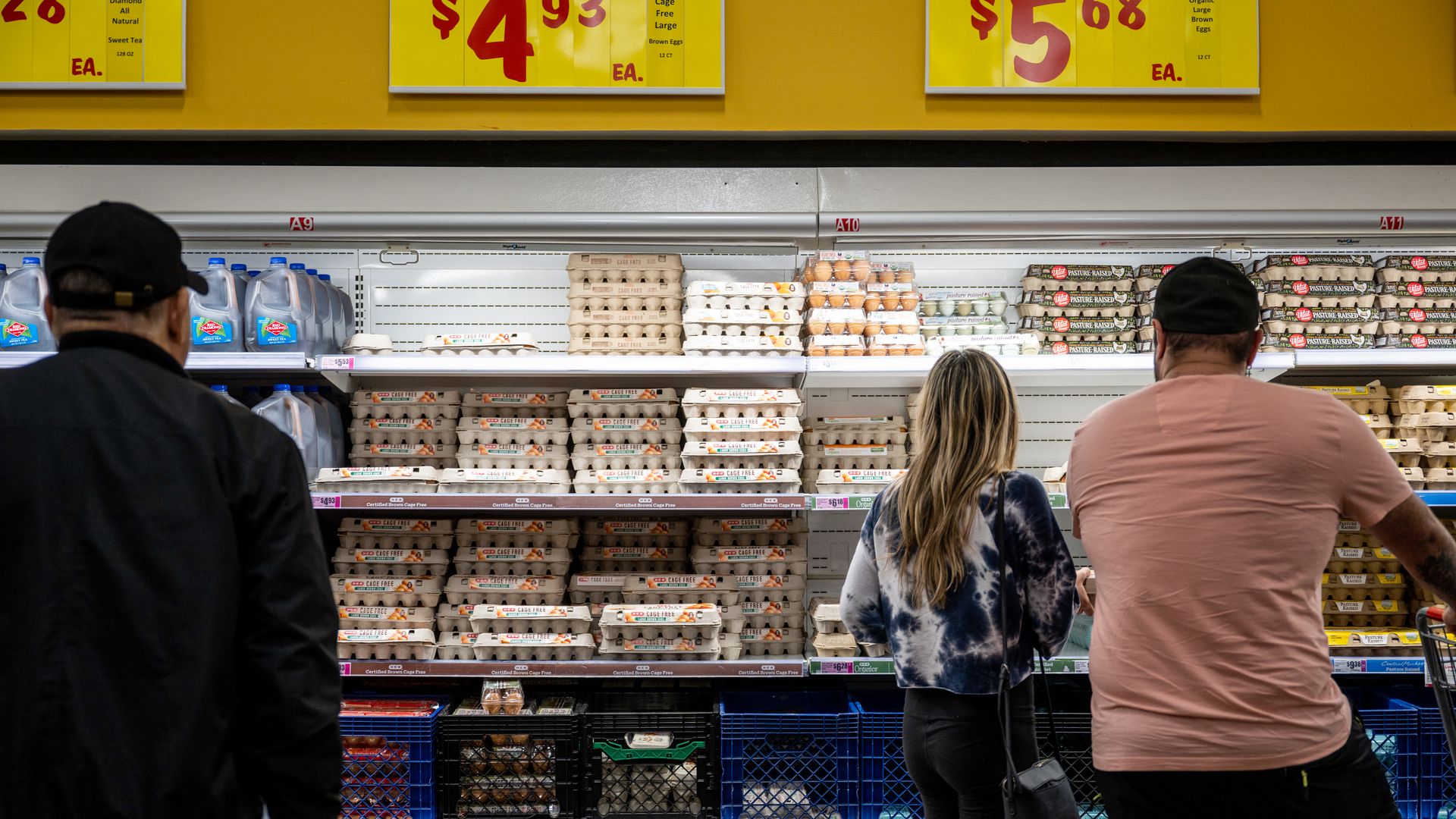 Three people scan shelves of eggs at a grocery store.