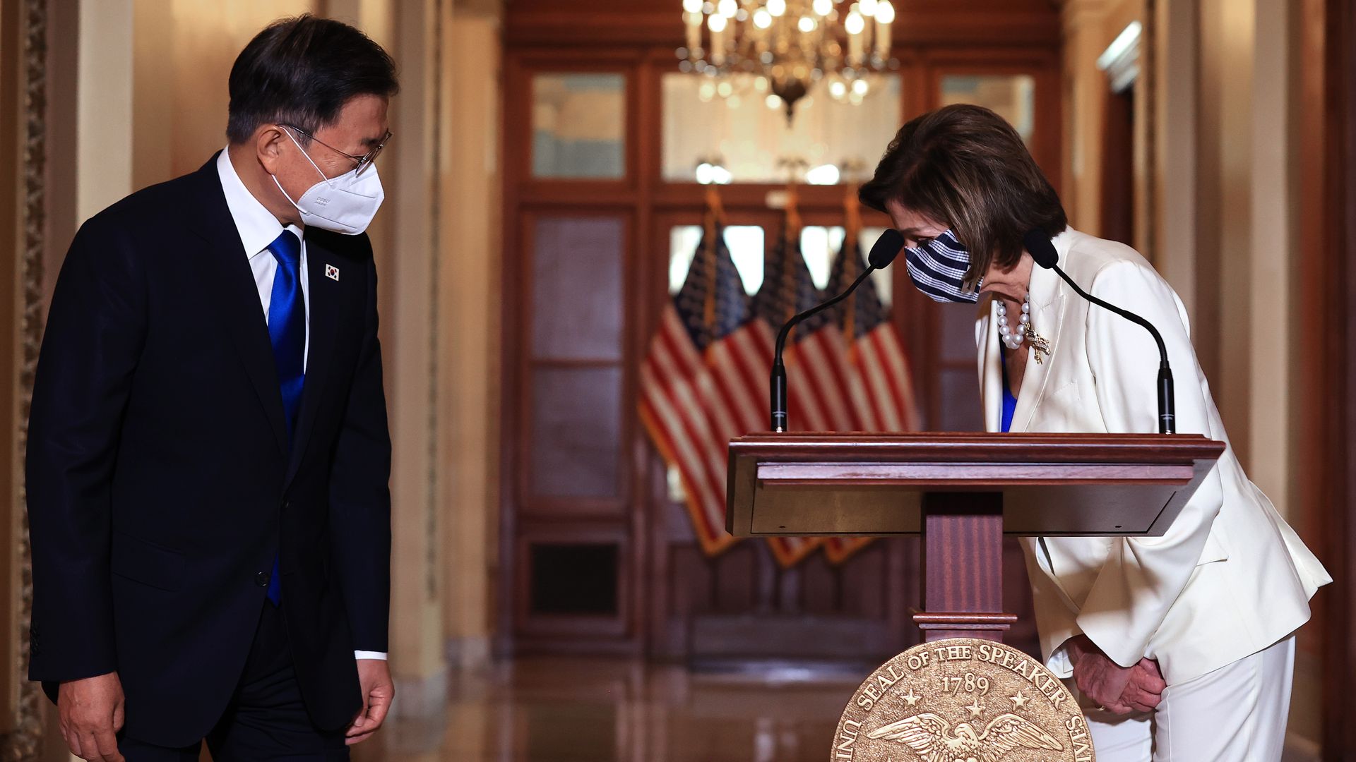 House Speaker Nancy Pelosi is seen bowing to ROK President Moon as he visited the U.S. Capitol.
