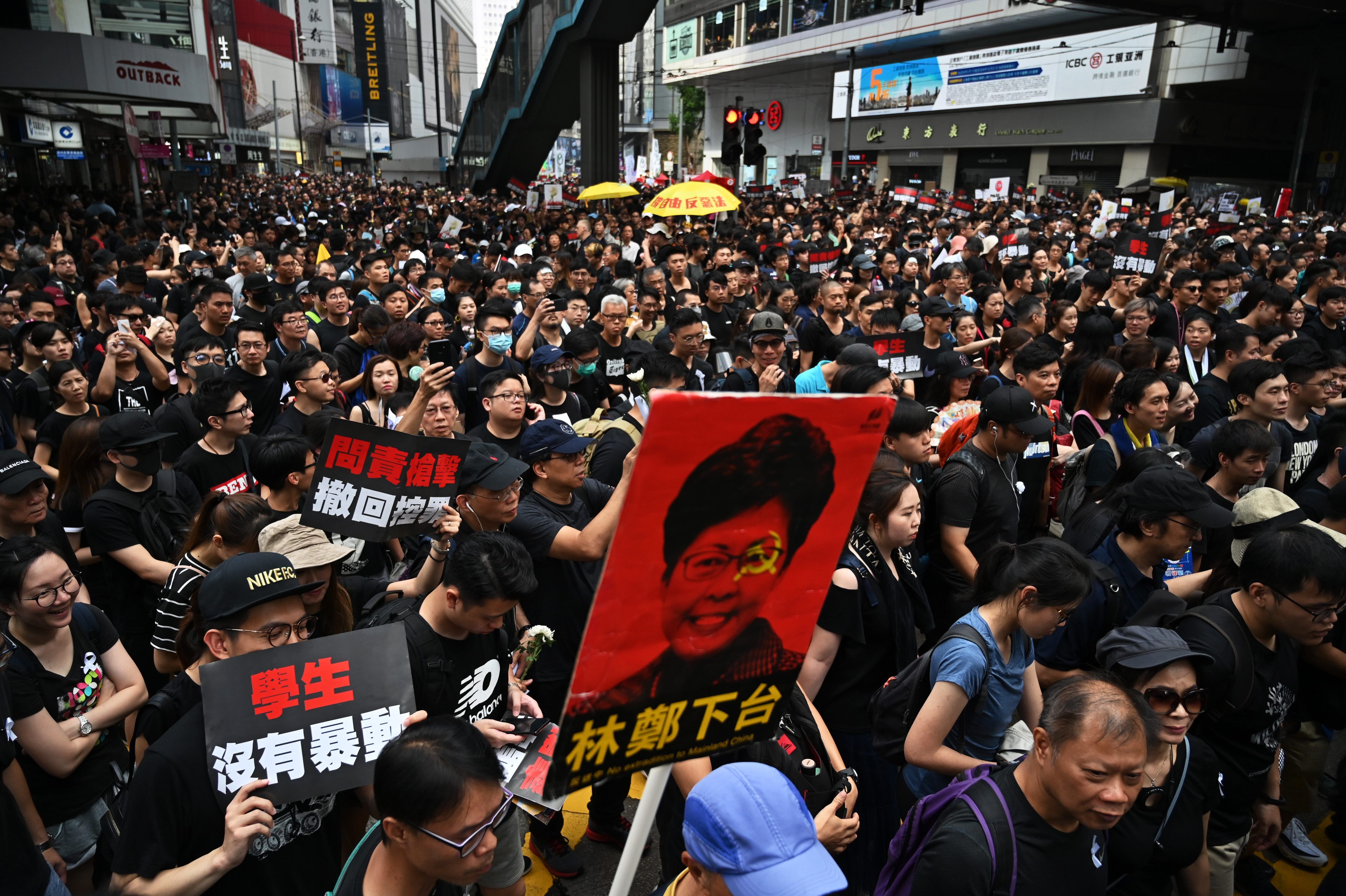 A placard (C) with an image of Hong Kong's Chief Executive Carrie Lam is displayed at a rally.