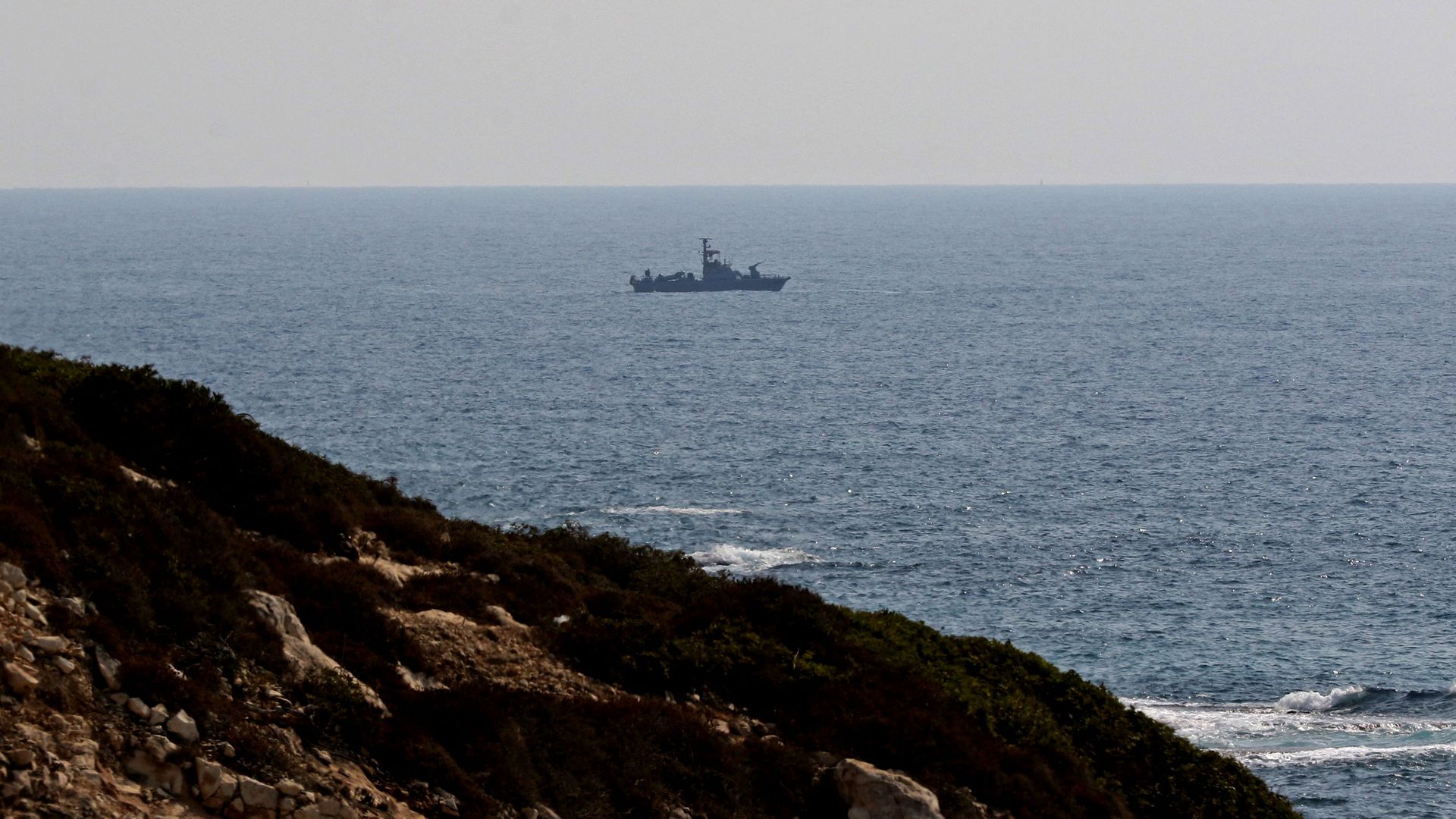 An Israeli Navy vessel patrols in the Mediterranean Sea at the maritime border between Israel and Lebanon on Sept. 4