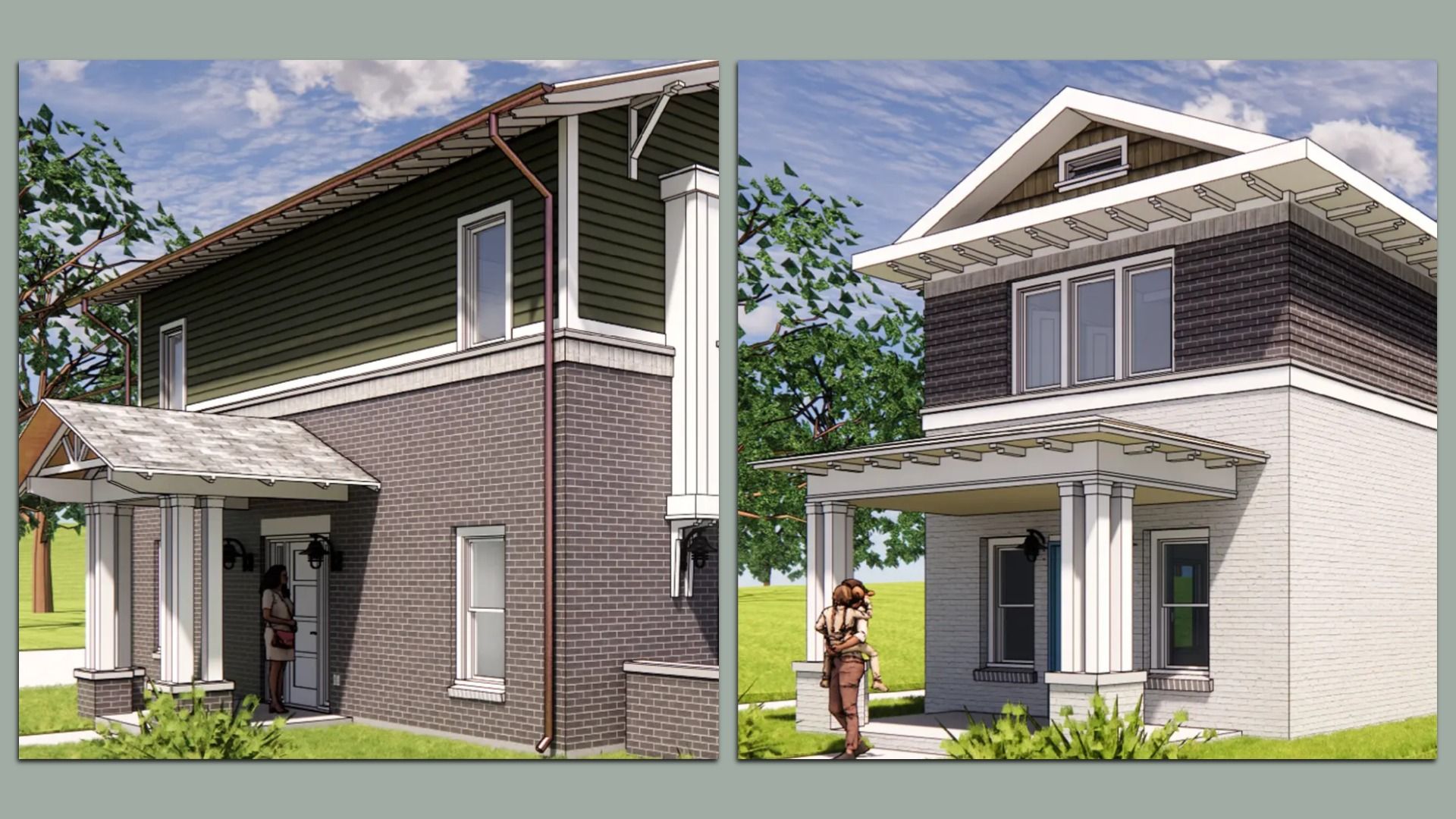 Renderings show two modern two-story homes with mixed brick and siding exteriors; left house has green siding above brown brick, right duplex has dark brown siding above white brick. People near doors.